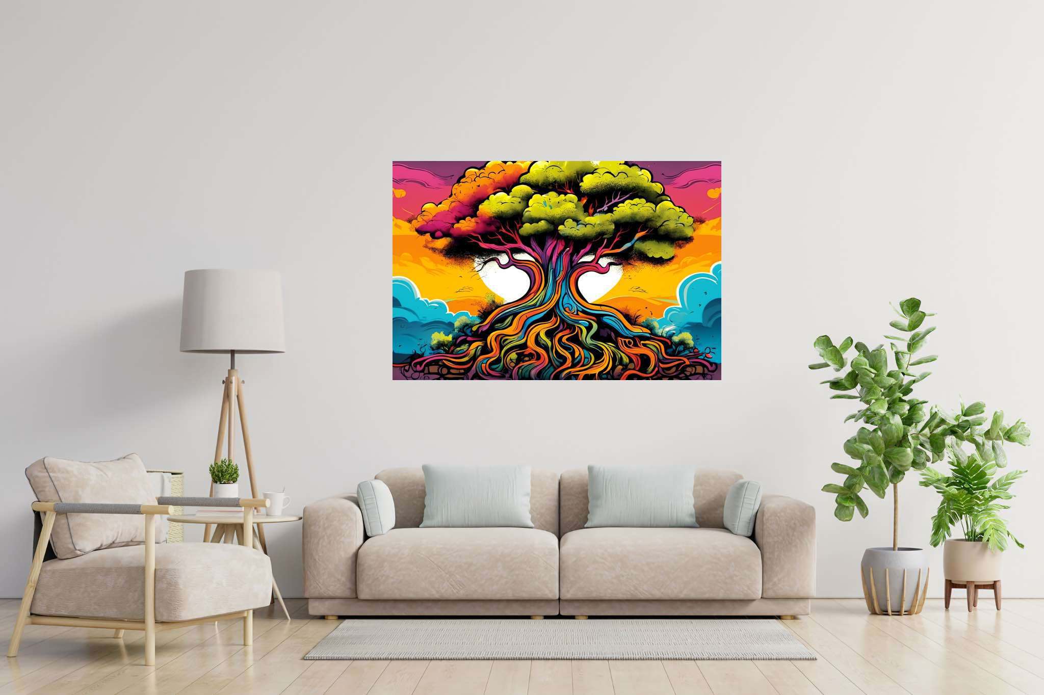 Arboreal ballet of shadows: Illustration art with pop art, in a room with elegant layout, fine art prints, and home furnishings. The art can be printed on poster, framed poster, canvas, metal, acrylic or wood, exclusively at WallArtZen. Find this exact print at https://wallartzen.com/waz23