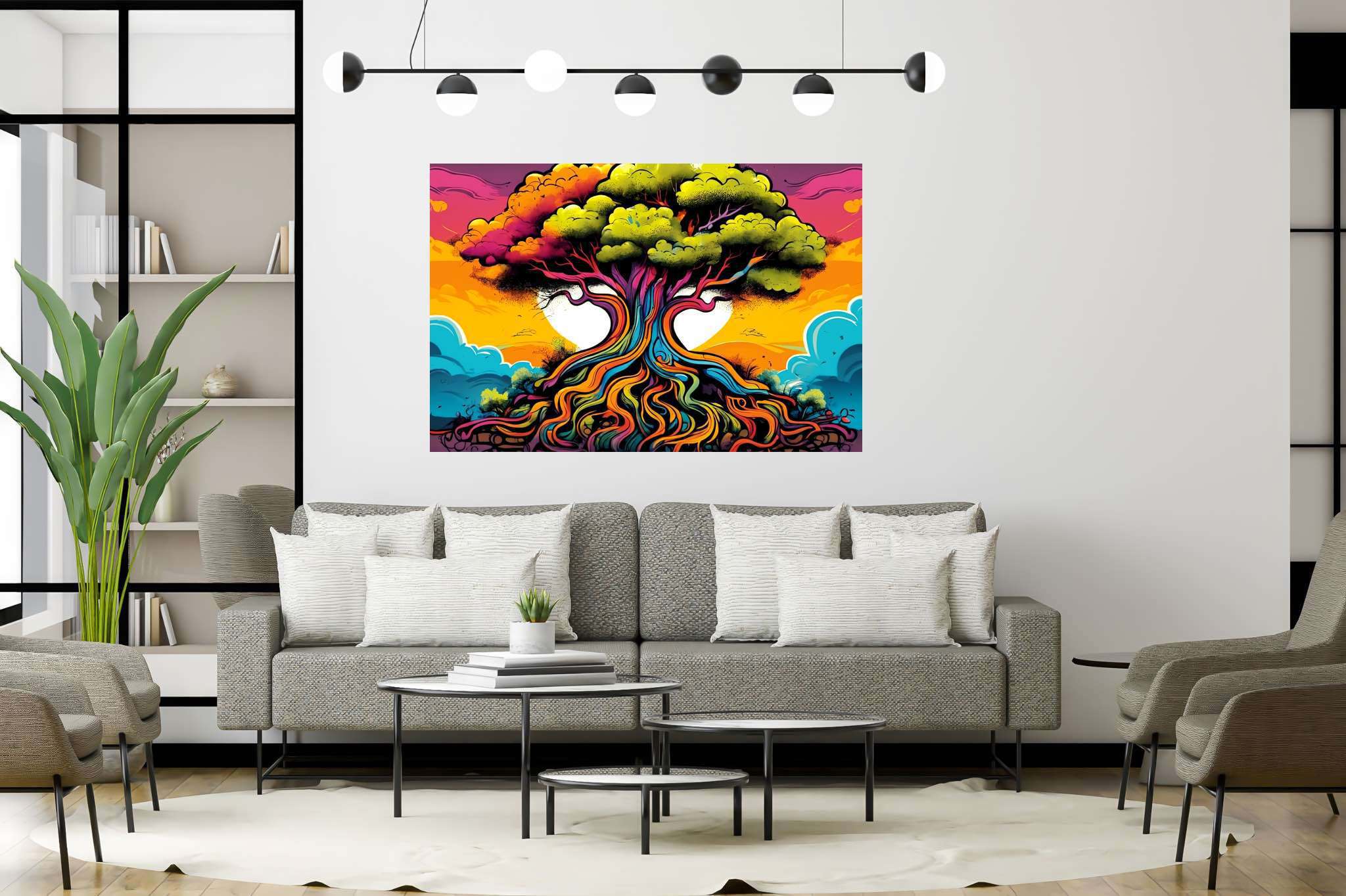 Arboreal ballet of shadows: Illustration art with creative illustration, in a room with great design, photographic wall art, and luxe decor. The art can be printed on poster, framed poster, canvas, metal, acrylic or wood, exclusively at WallArtZen. Find this exact print at https://wallartzen.com/waz23