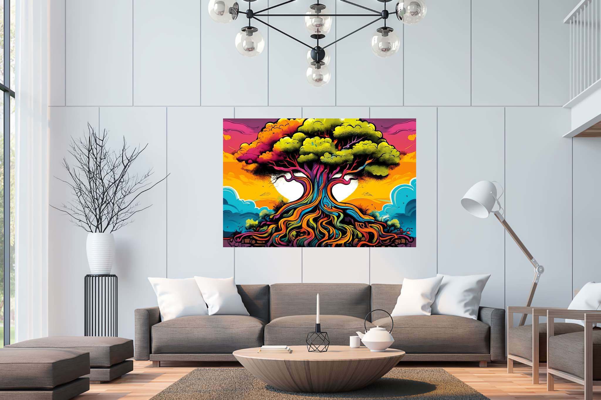 Arboreal ballet of shadows: Illustration art with storytelling, in a room with artistic style, mural artworks, and artisan decor. The art can be printed on poster, framed poster, canvas, metal, acrylic or wood, exclusively at WallArtZen. Find this exact print at https://wallartzen.com/waz23