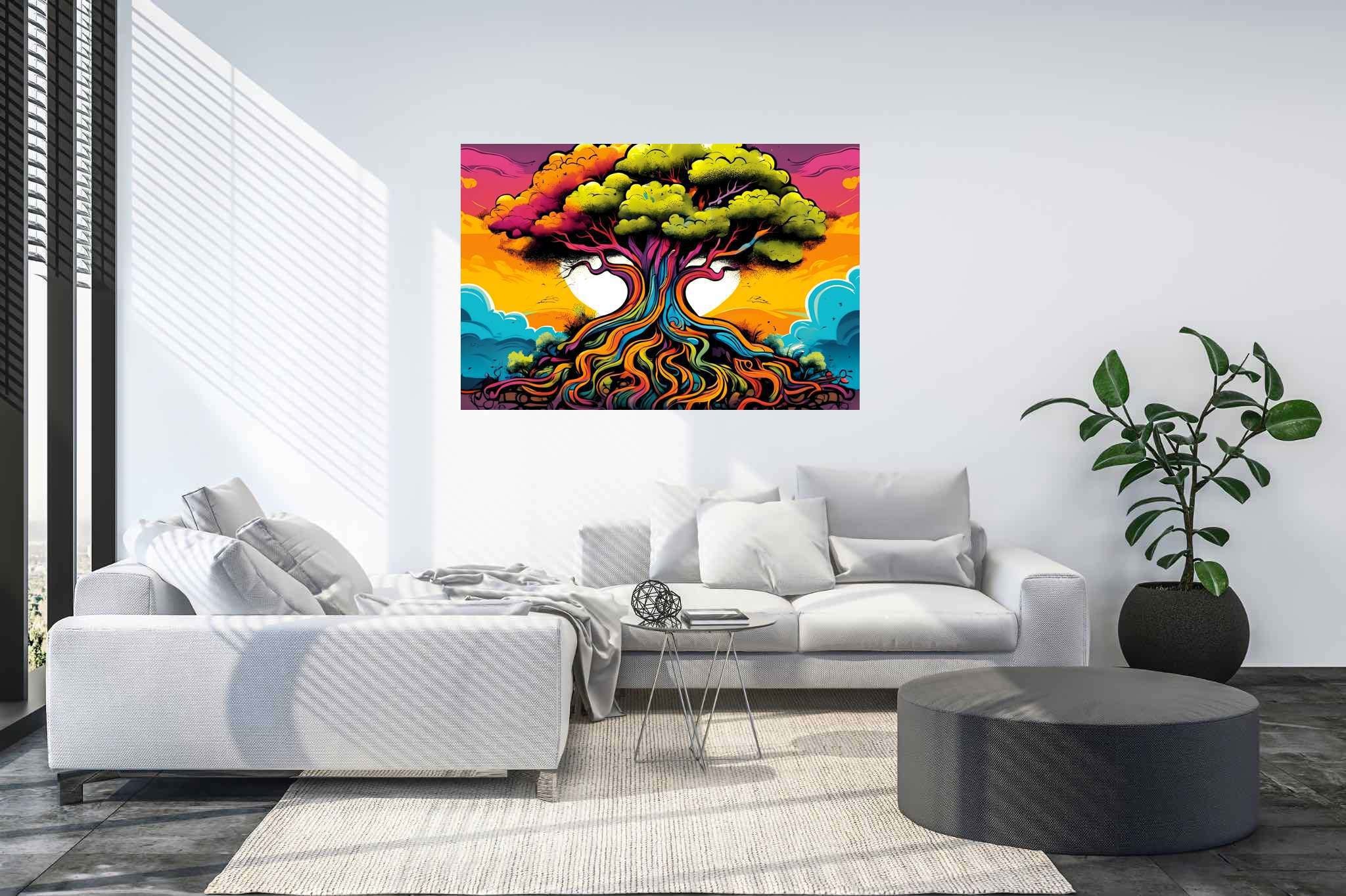 Arboreal ballet of shadows: Illustration art with fantasy art, in a room with urban design, fine art prints, and decorative pieces. The art can be printed on poster, framed poster, canvas, metal, acrylic or wood, exclusively at WallArtZen. Find this exact print at https://wallartzen.com/waz23