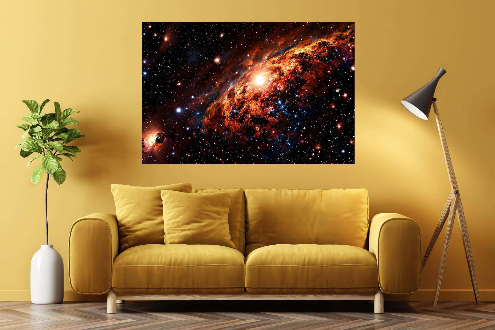 Stardust sonata: Celestial art with celestial bodies, in a room with classic elegance, abstract paintings, and interior decorations. The art can be printed on poster, framed poster, canvas, metal, acrylic or wood, exclusively at WallArtZen. Find this exact print at https://wallartzen.com/waz240