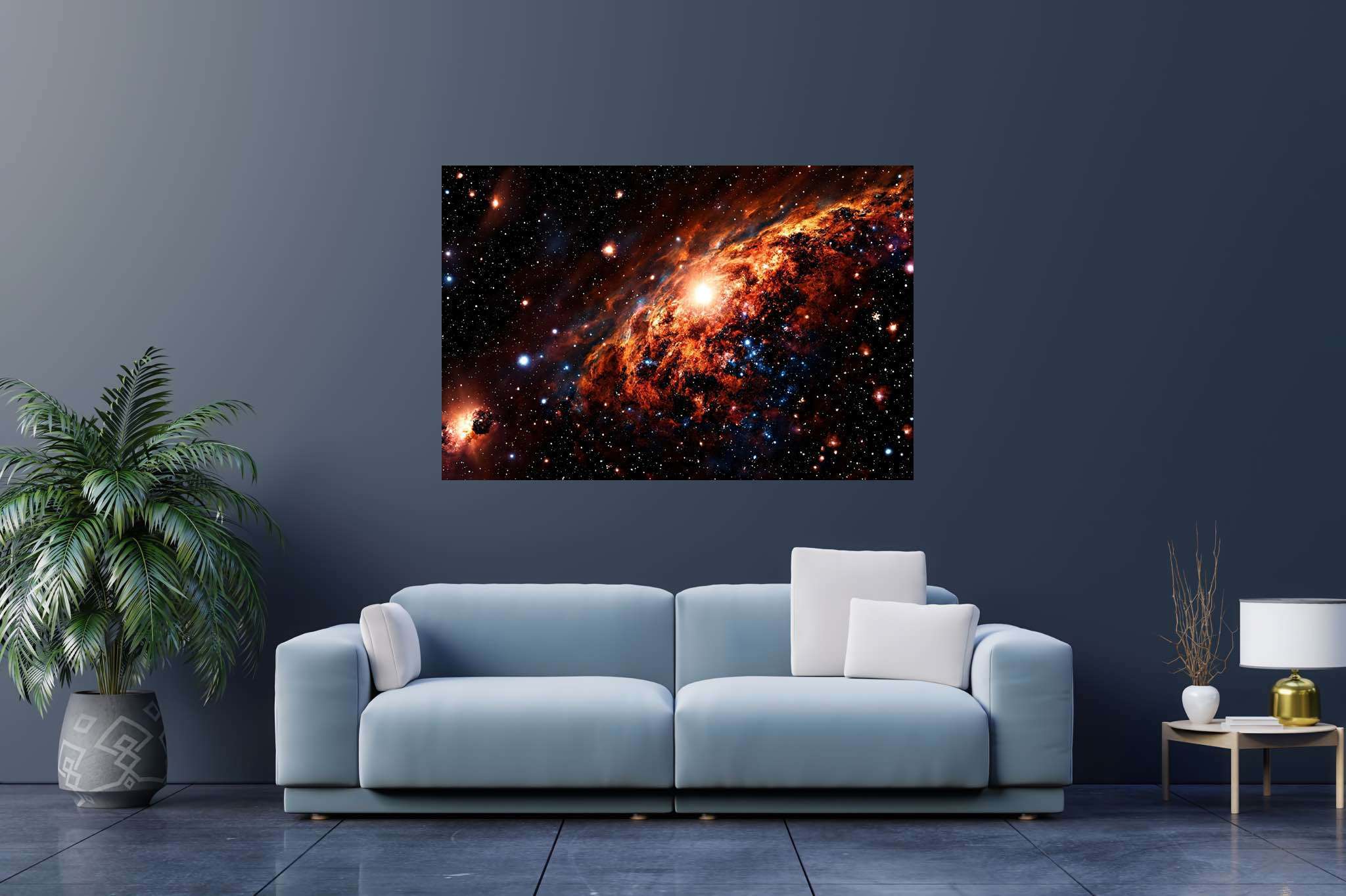 Stardust sonata: Celestial art with celestial landscapes, in a room with modern style, digital art pieces, and designer furniture. The art can be printed on poster, framed poster, canvas, metal, acrylic or wood, exclusively at WallArtZen. Find this exact print at https://wallartzen.com/waz240