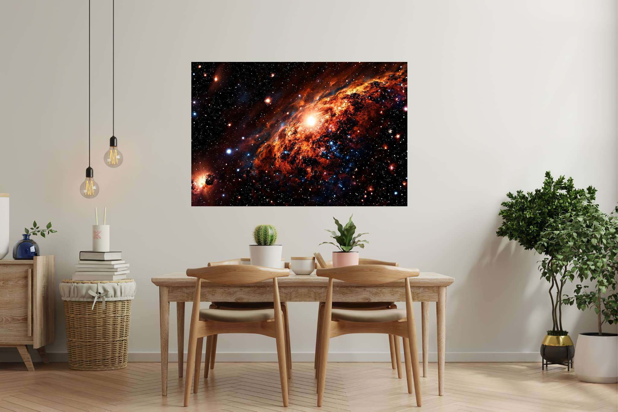 Stardust sonata: Celestial art with celestial abstract, in a room with artistic style, photographic wall art, and luxe decor. The art can be printed on poster, framed poster, canvas, metal, acrylic or wood, exclusively at WallArtZen. Find this exact print at https://wallartzen.com/waz240