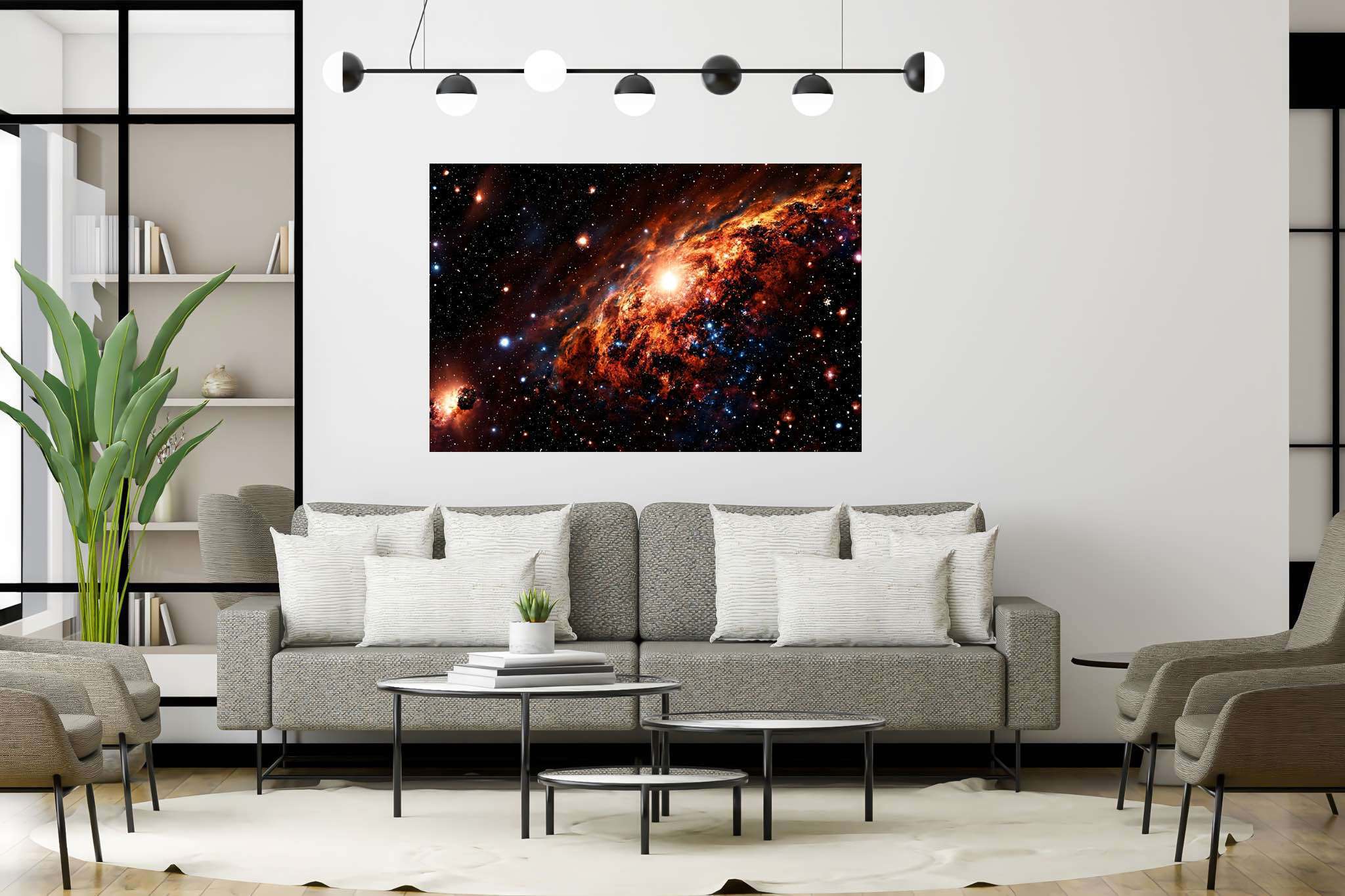 Stardust sonata: Celestial art with astronomical art, in a room with chic decor, canvas prints, and decorative pieces. The art can be printed on poster, framed poster, canvas, metal, acrylic or wood, exclusively at WallArtZen. Find this exact print at https://wallartzen.com/waz240