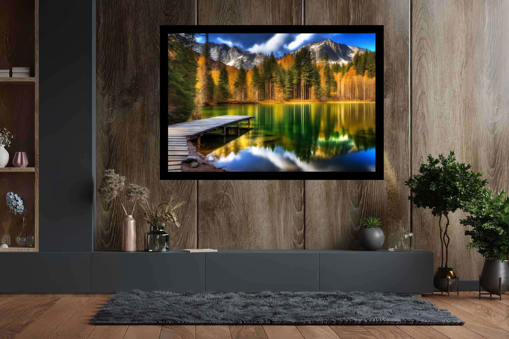 Autumn's still rhapsody: Serene lake art with serene nature artwork, in a room with urban design, gallery-quality artwork, and designer furniture. The art can be printed on poster, framed poster, canvas, metal, acrylic or wood, exclusively at WallArtZen. Find this exact print at https://wallartzen.com/waz241