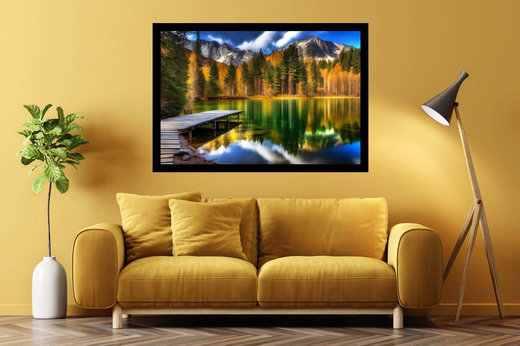 Autumn's still rhapsody: Serene lake art with serene lake view, in a room with elegant layout, photographic wall art, and interior decorations. The art can be printed on poster, framed poster, canvas, metal, acrylic or wood, exclusively at WallArtZen. Find this exact print at https://wallartzen.com/waz241