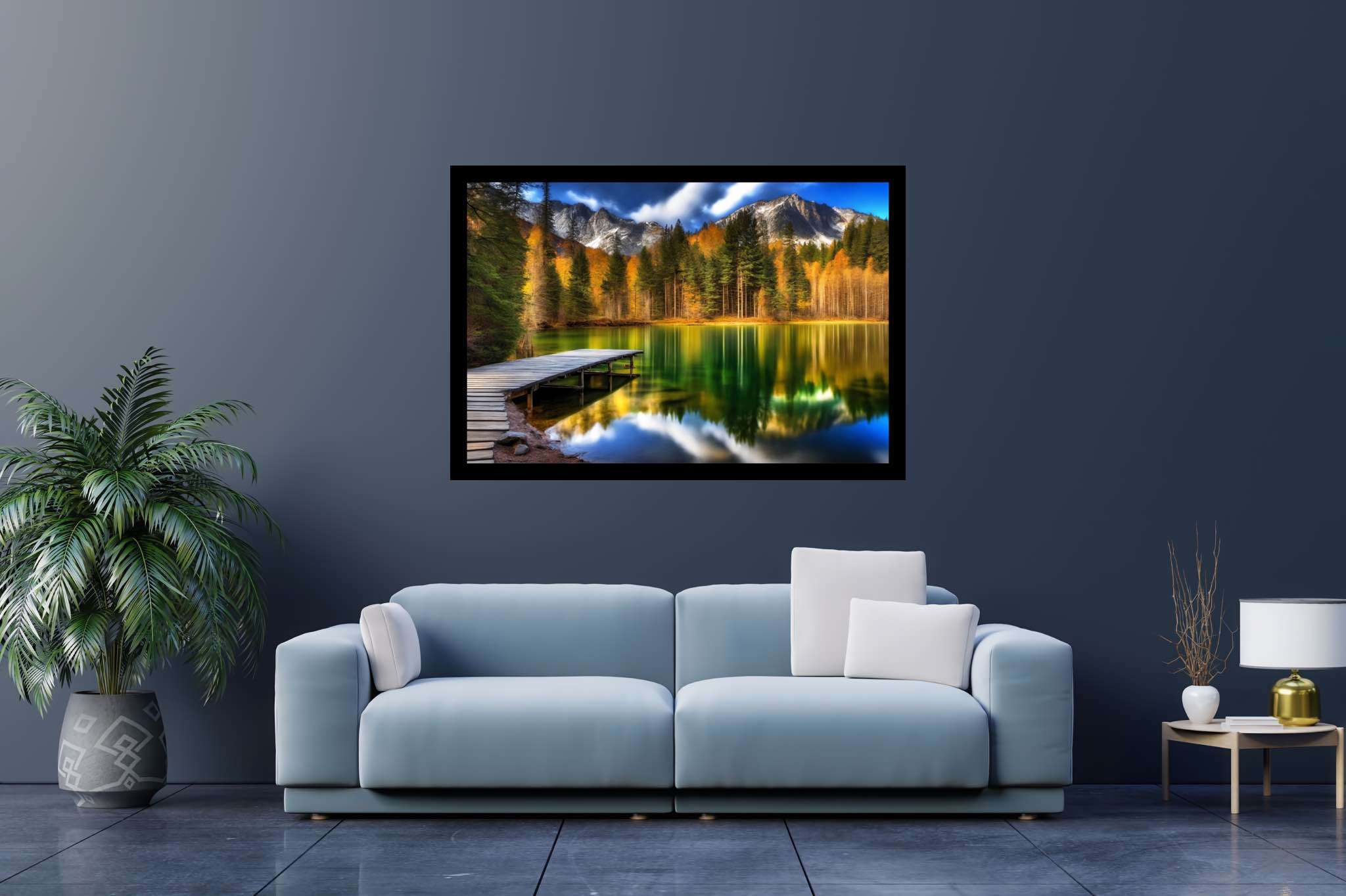 Autumn's still rhapsody: Serene lake art with serene water art, in a room with minimalist approach, canvas prints, and interior decorations. The art can be printed on poster, framed poster, canvas, metal, acrylic or wood, exclusively at WallArtZen. Find this exact print at https://wallartzen.com/waz241