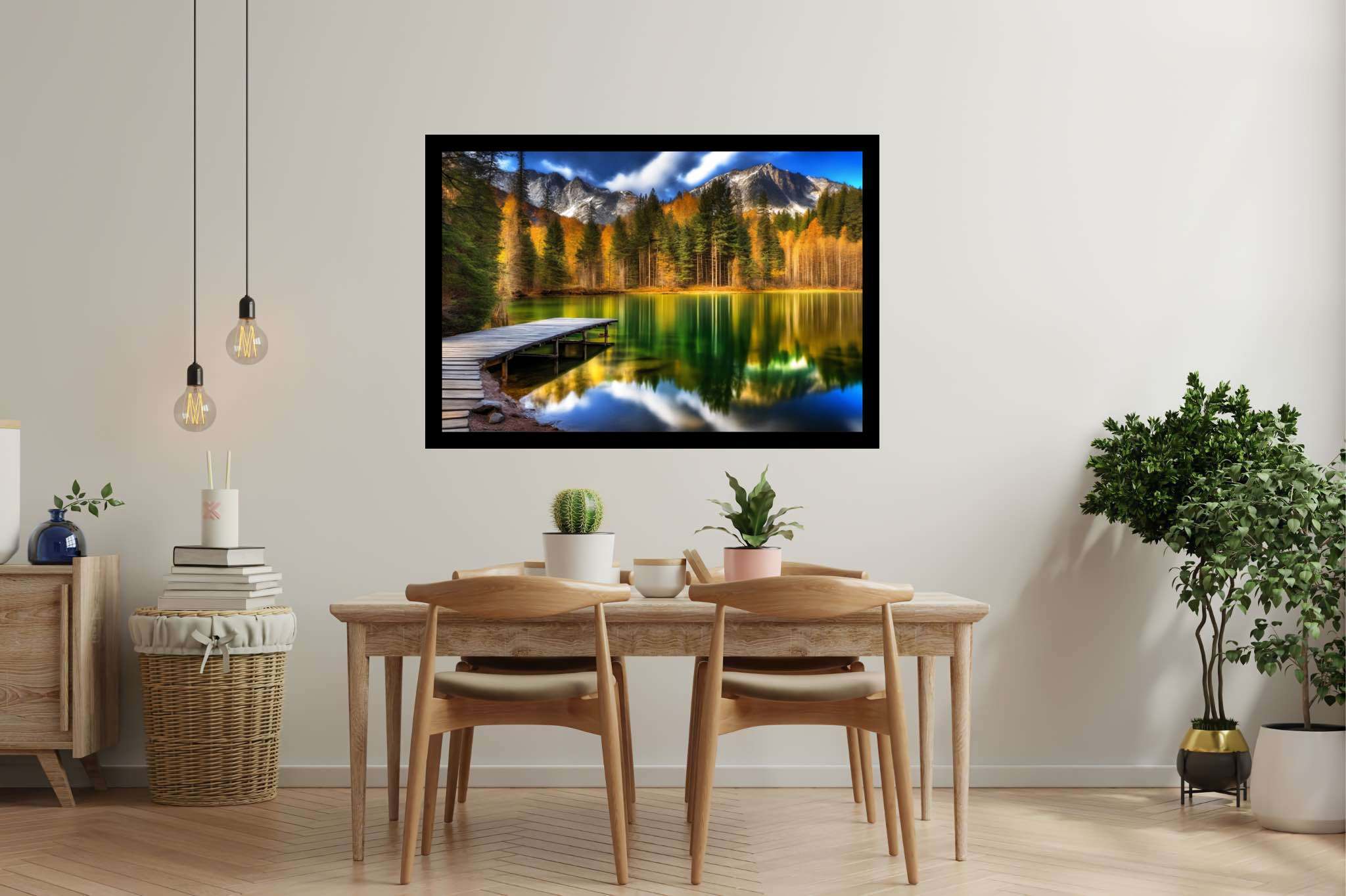Autumn's still rhapsody: Serene lake art with calm water painting, in a room with classic elegance, digital art pieces, and home styling items. The art can be printed on poster, framed poster, canvas, metal, acrylic or wood, exclusively at WallArtZen. Find this exact print at https://wallartzen.com/waz241