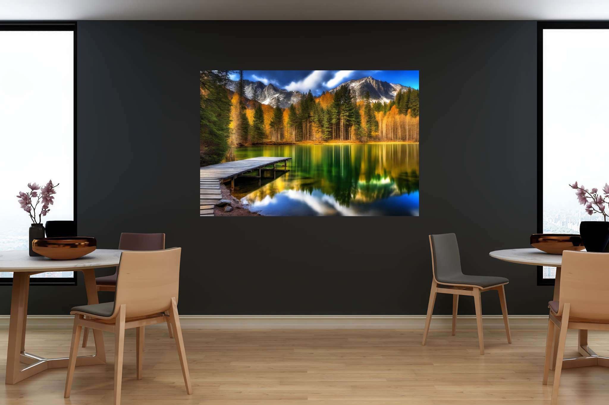 Autumn's still rhapsody: Serene lake art with serene water art, in a room with urban design, abstract paintings, and stylish accessories. The art can be printed on poster, framed poster, canvas, metal, acrylic or wood, exclusively at WallArtZen. Find this exact print at https://wallartzen.com/waz241