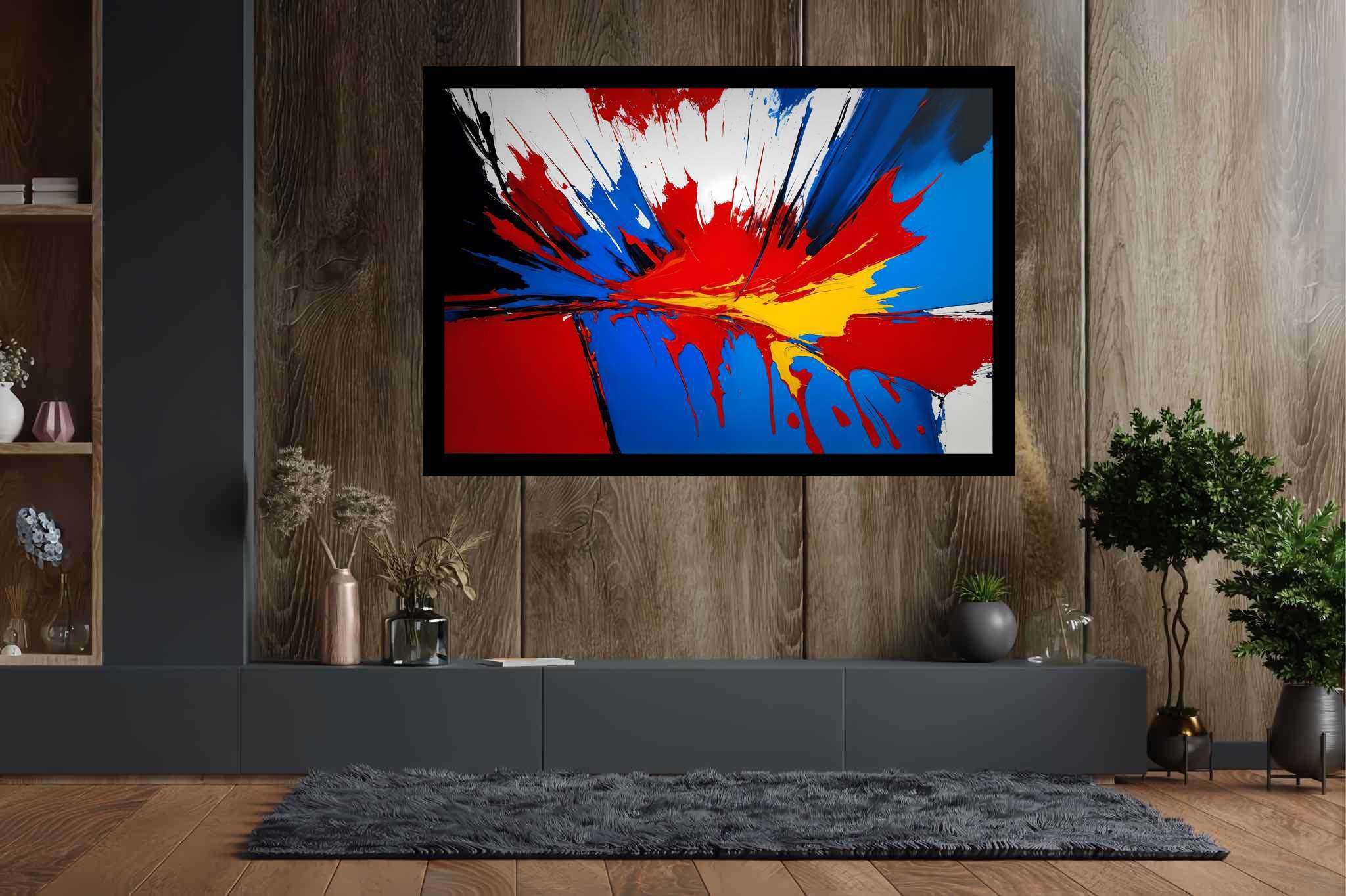 Chromatic symphony unleashed: Vibrant art with energetic masterpieces, in a room with minimalist approach, photographic wall art, and designer furniture. The art can be printed on poster, framed poster, canvas, metal, acrylic or wood, exclusively at WallArtZen. Find this exact print at https://wallartzen.com/waz243
