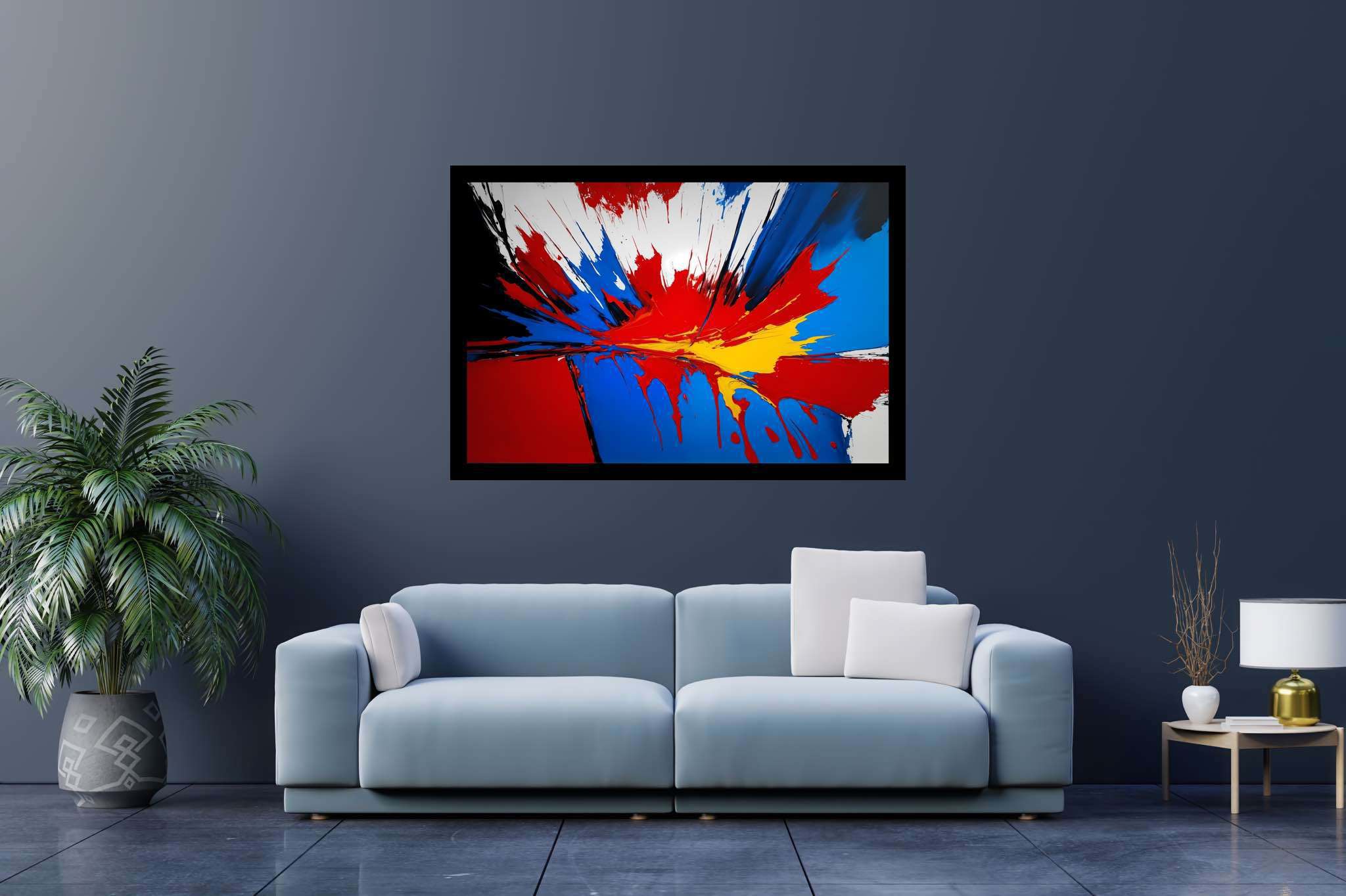 Chromatic symphony unleashed: Vibrant art with colorful artwork, in a room with artistic style, mural artworks, and stylish accessories. The art can be printed on poster, framed poster, canvas, metal, acrylic or wood, exclusively at WallArtZen. Find this exact print at https://wallartzen.com/waz243