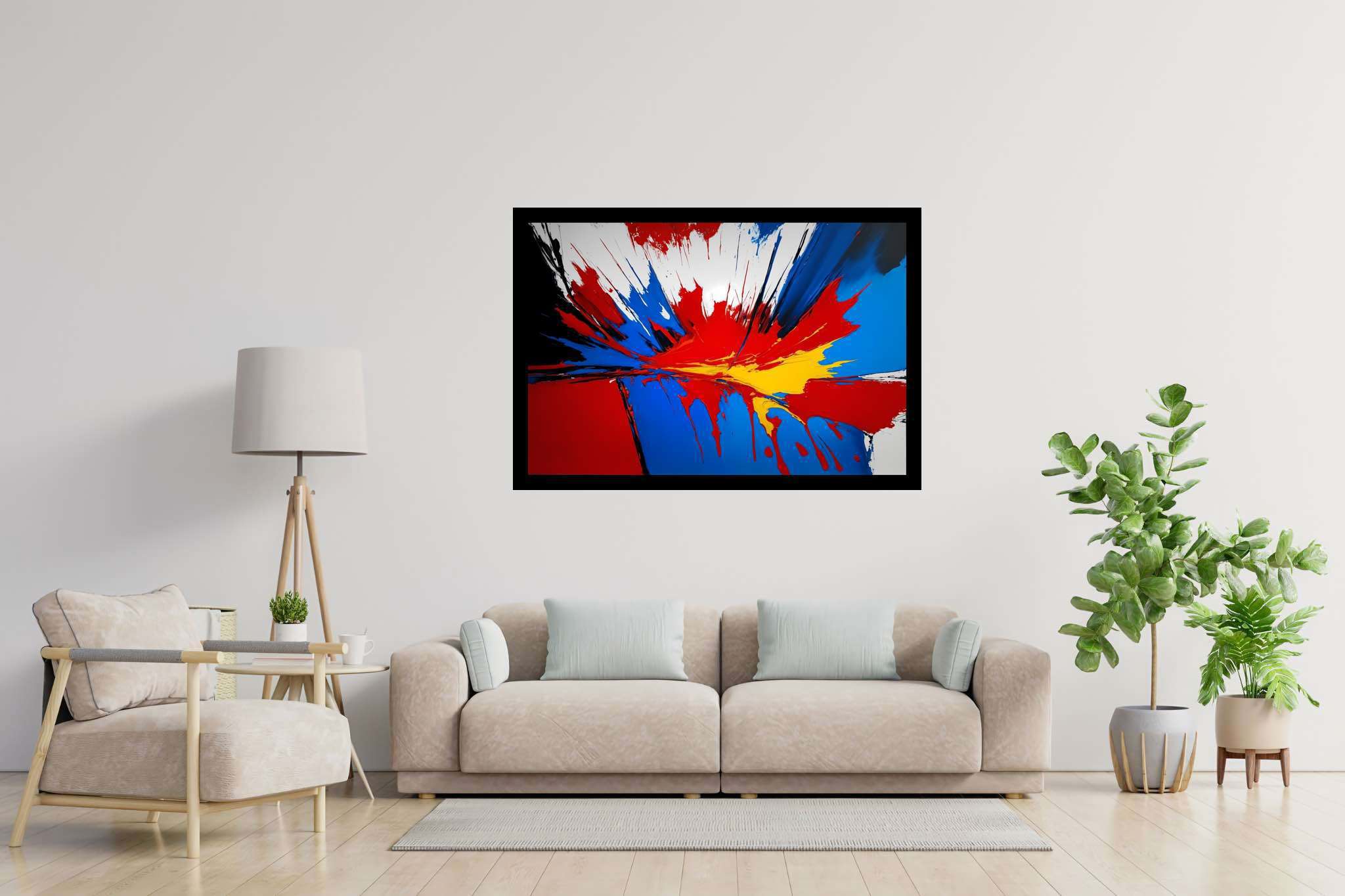 Chromatic symphony unleashed: Vibrant art with vivid paintings, in a room with classic elegance, gallery-quality artwork, and home styling items. The art can be printed on poster, framed poster, canvas, metal, acrylic or wood, exclusively at WallArtZen. Find this exact print at https://wallartzen.com/waz243