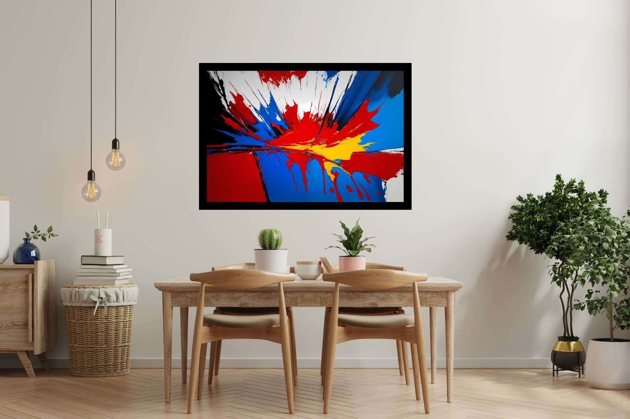 Chromatic symphony unleashed: Vibrant art with vibrant illustrations, in a room with elegant layout, fine art prints, and designer furniture. The art can be printed on poster, framed poster, canvas, metal, acrylic or wood, exclusively at WallArtZen. Find this exact print at https://wallartzen.com/waz243