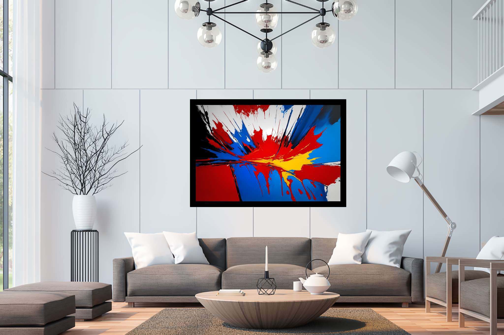 Chromatic symphony unleashed: Vibrant art with vibrant digital art, in a room with modern style, mural artworks, and home furnishings. The art can be printed on poster, framed poster, canvas, metal, acrylic or wood, exclusively at WallArtZen. Find this exact print at https://wallartzen.com/waz243