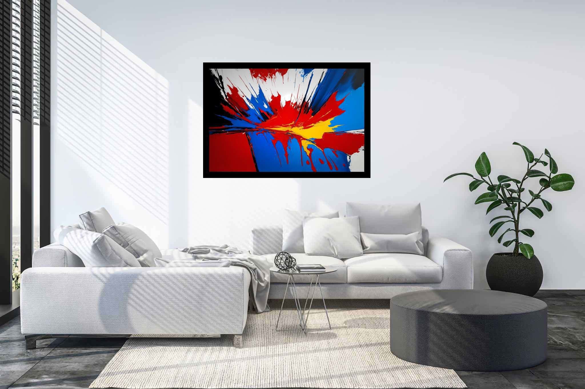 Chromatic symphony unleashed: Vibrant art with vibrant abstract art, in a room with chic decor, photographic wall art, and decorative pieces. The art can be printed on poster, framed poster, canvas, metal, acrylic or wood, exclusively at WallArtZen. Find this exact print at https://wallartzen.com/waz243