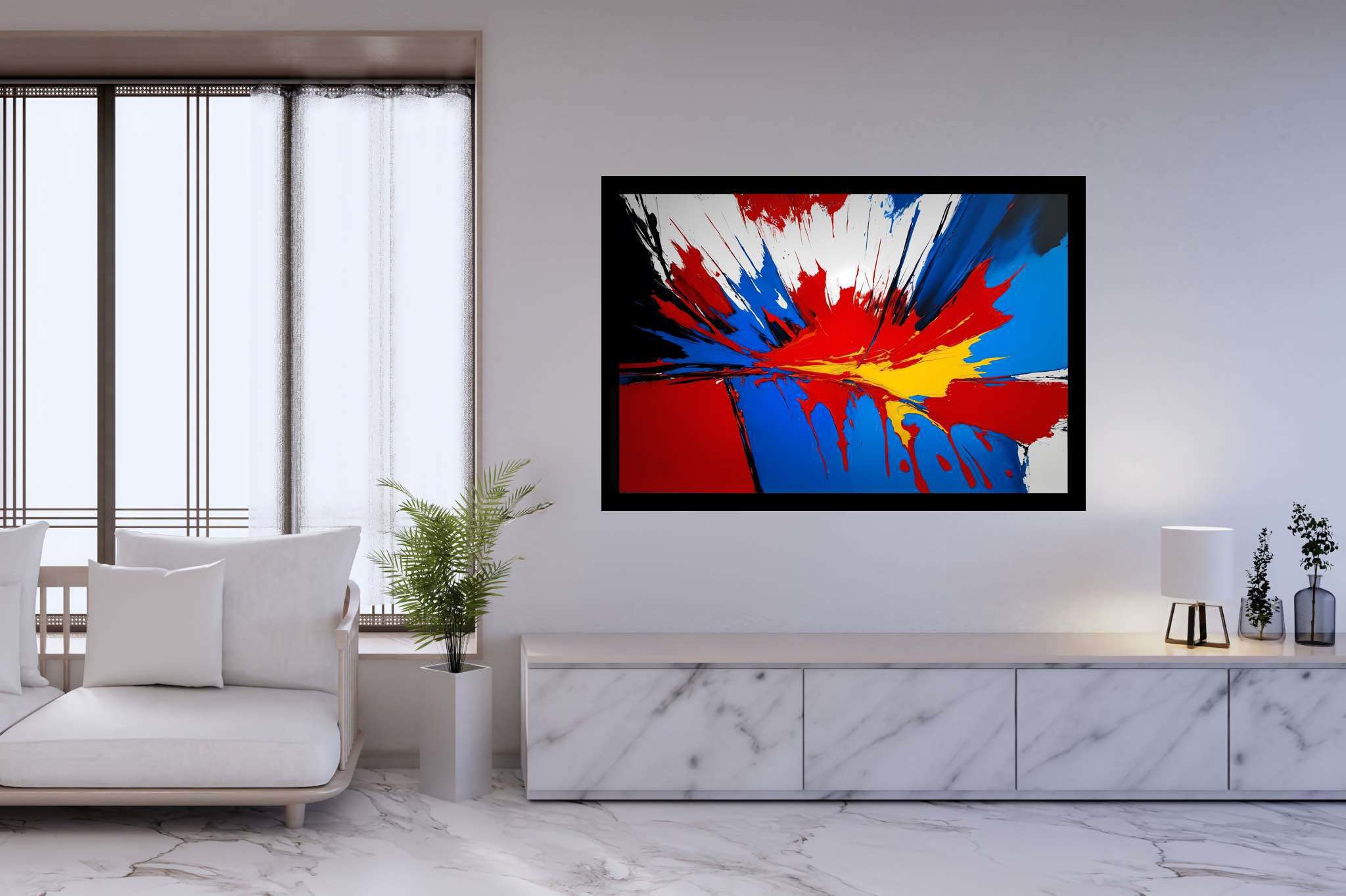Chromatic symphony unleashed: Vibrant art with vibrant art, in a room with chic decor, framed art, and interior decorations. The art can be printed on poster, framed poster, canvas, metal, acrylic or wood, exclusively at WallArtZen. Find this exact print at https://wallartzen.com/waz243