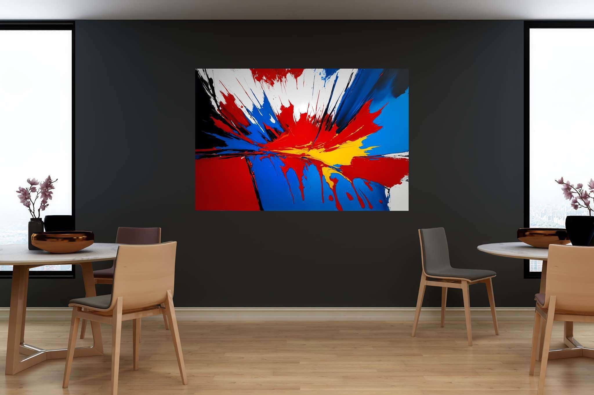 Chromatic symphony unleashed: Vibrant art with vibrant brushstrokes, in a room with contemporary flair, wall hangings, and home styling items. The art can be printed on poster, framed poster, canvas, metal, acrylic or wood, exclusively at WallArtZen. Find this exact print at https://wallartzen.com/waz243