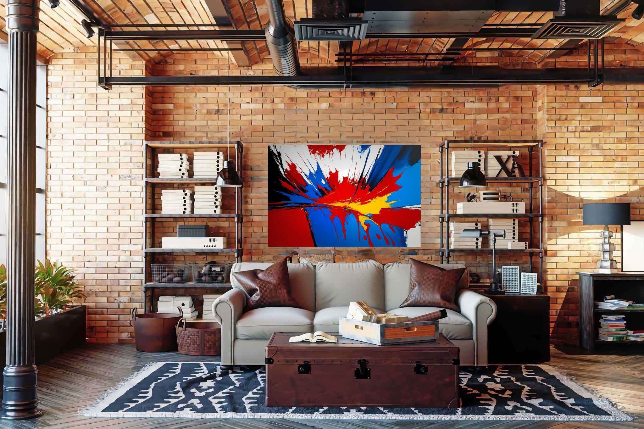 Chromatic symphony unleashed: Vibrant art with vibrant pop art, in a room with artistic style, digital art pieces, and home furnishings. The art can be printed on poster, framed poster, canvas, metal, acrylic or wood, exclusively at WallArtZen. Find this exact print at https://wallartzen.com/waz243