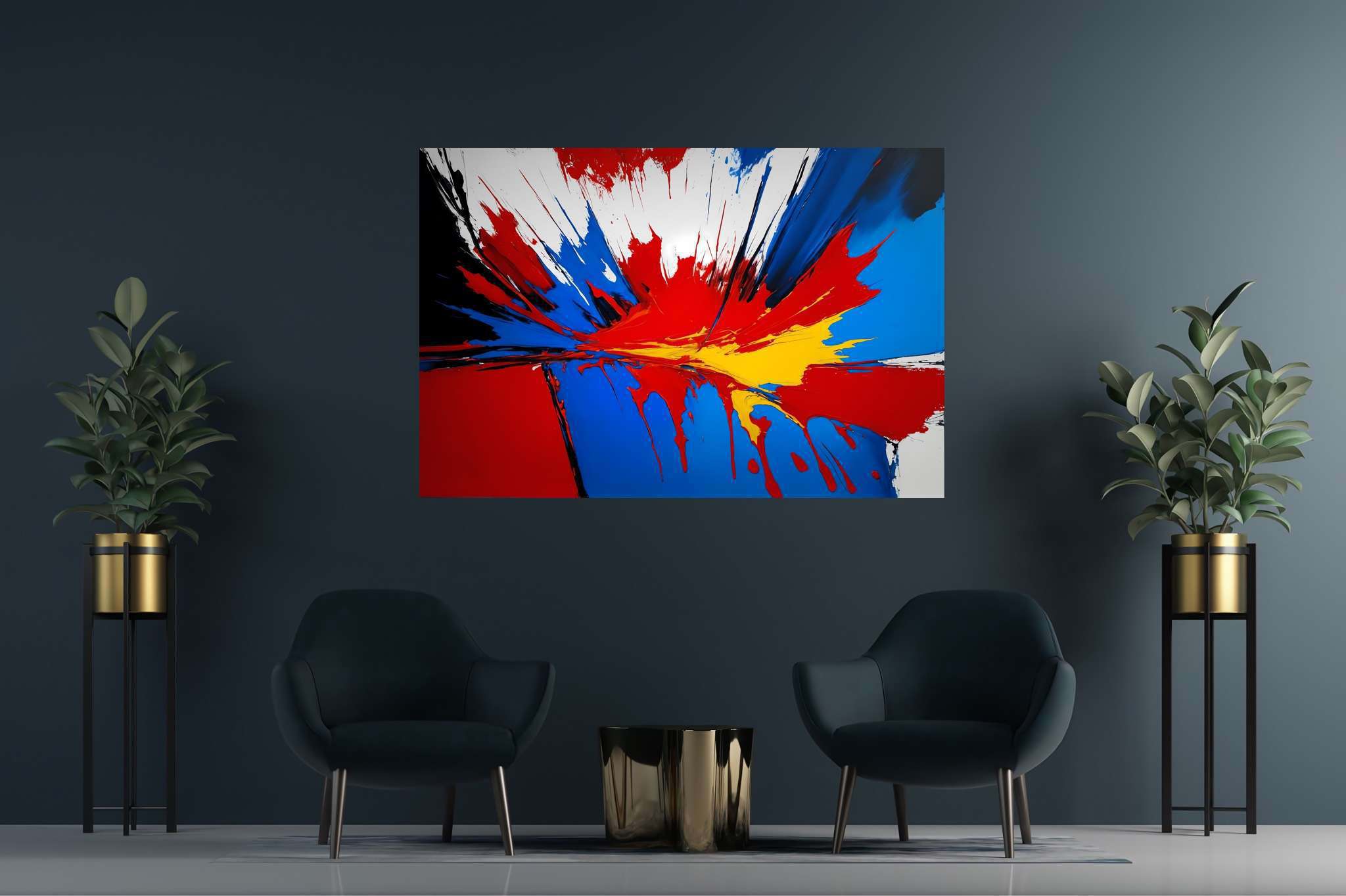 Chromatic symphony unleashed: Vibrant art with vivid paintings, in a room with contemporary flair, wall art, and trendy home accents. The art can be printed on poster, framed poster, canvas, metal, acrylic or wood, exclusively at WallArtZen. Find this exact print at https://wallartzen.com/waz243