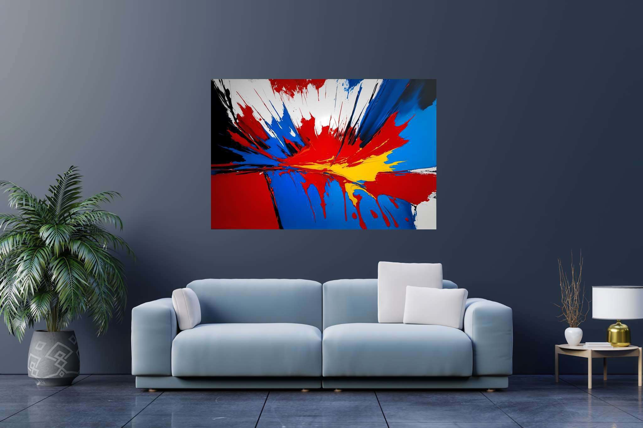 Chromatic symphony unleashed: Vibrant art with colorful artwork, in a room with minimalist approach, canvas prints, and stylish accessories. The art can be printed on poster, framed poster, canvas, metal, acrylic or wood, exclusively at WallArtZen. Find this exact print at https://wallartzen.com/waz243
