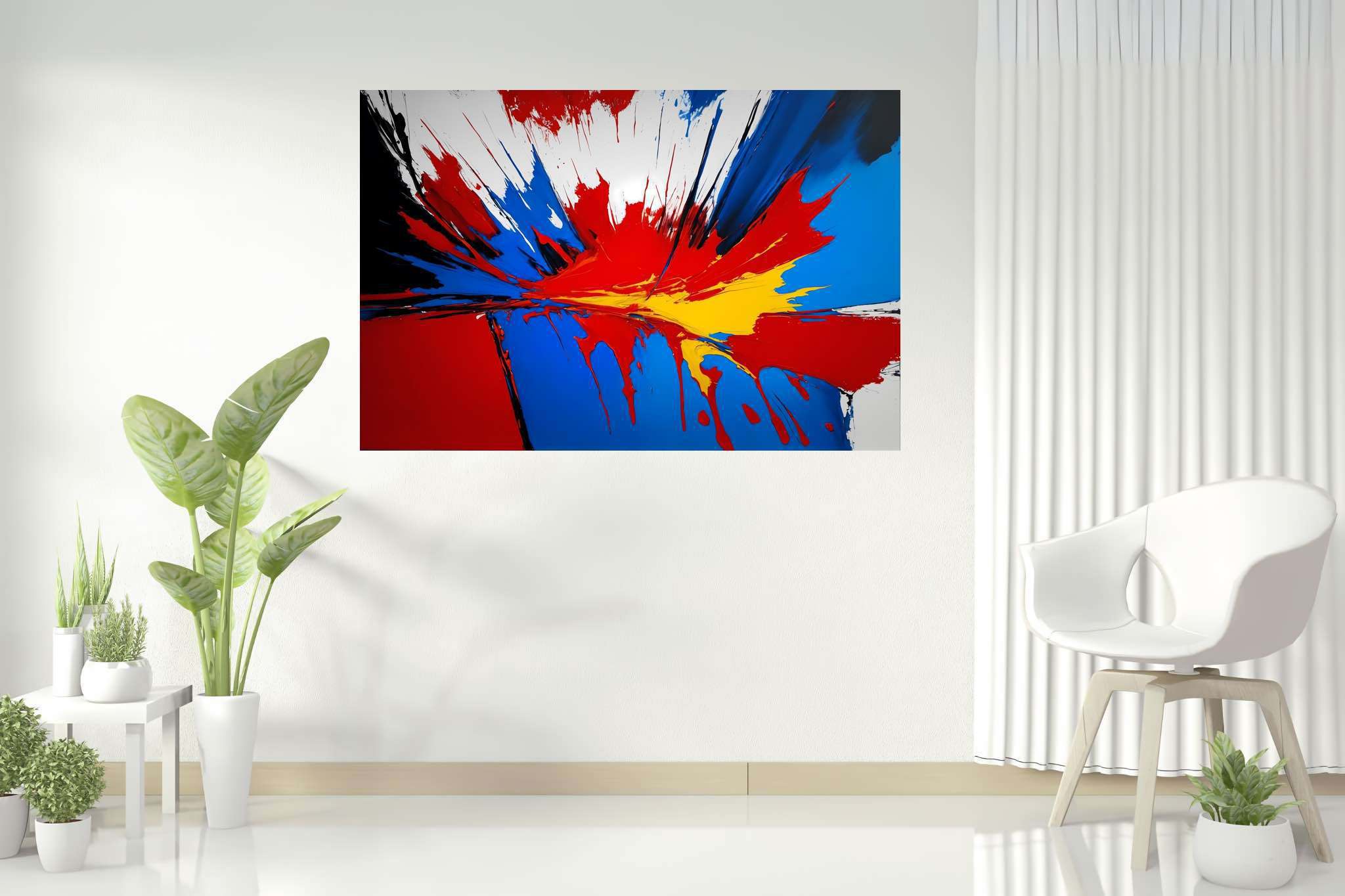 Chromatic symphony unleashed: Vibrant art with vivid paintings, in a room with modern style, photographic wall art, and decorative pieces. The art can be printed on poster, framed poster, canvas, metal, acrylic or wood, exclusively at WallArtZen. Find this exact print at https://wallartzen.com/waz243