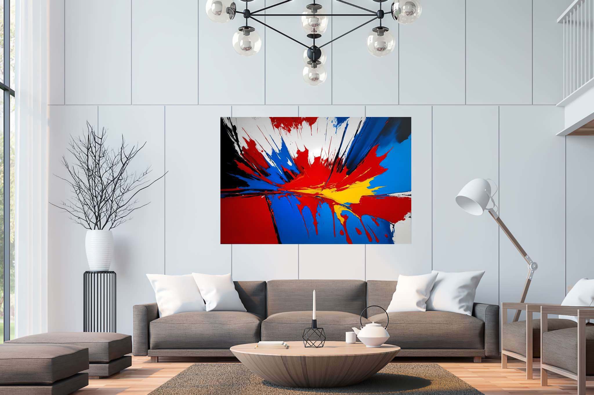 Chromatic symphony unleashed: Vibrant art with colorful artwork, in a room with contemporary flair, wall hangings, and artisan decor. The art can be printed on poster, framed poster, canvas, metal, acrylic or wood, exclusively at WallArtZen. Find this exact print at https://wallartzen.com/waz243