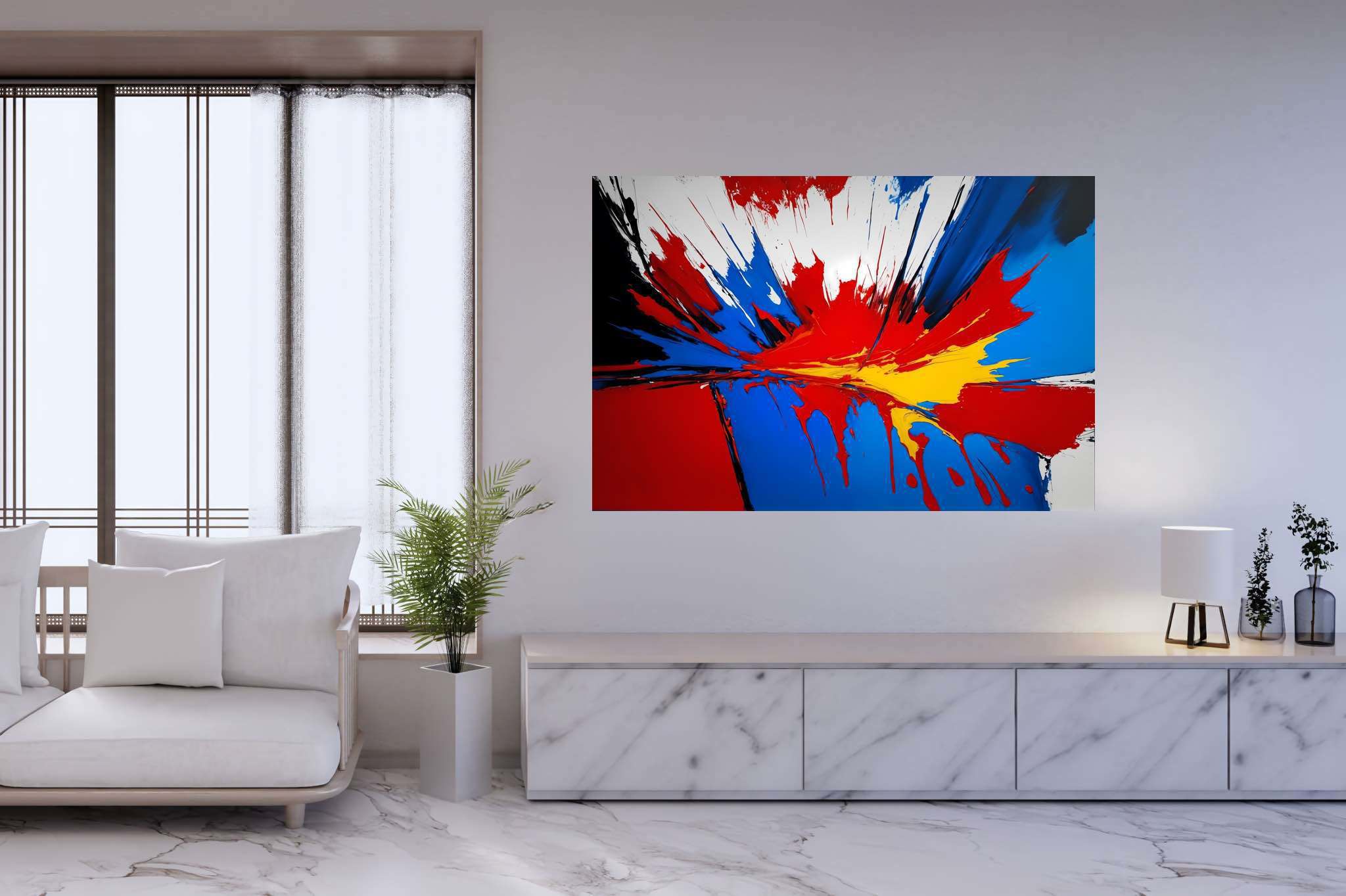 Chromatic symphony unleashed: Vibrant art with vibrant mixed media art, in a room with urban design, photographic wall art, and artisan decor. The art can be printed on poster, framed poster, canvas, metal, acrylic or wood, exclusively at WallArtZen. Find this exact print at https://wallartzen.com/waz243