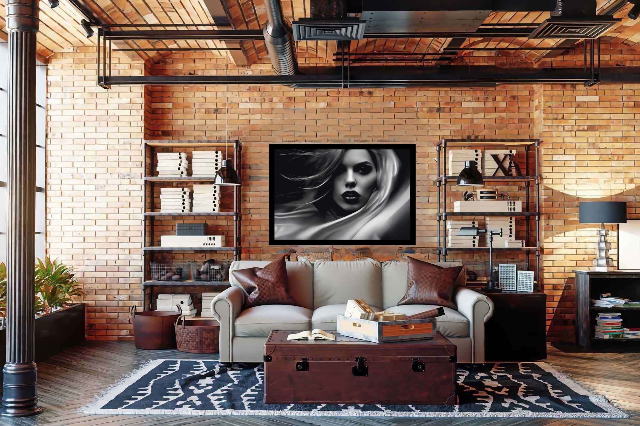 Elegance unveiled: Woman art with feminist art, in a room with minimalist approach, abstract paintings, and home styling items. The art can be printed on poster, framed poster, canvas, metal, acrylic or wood, exclusively at WallArtZen. Find this exact print at https://wallartzen.com/waz244