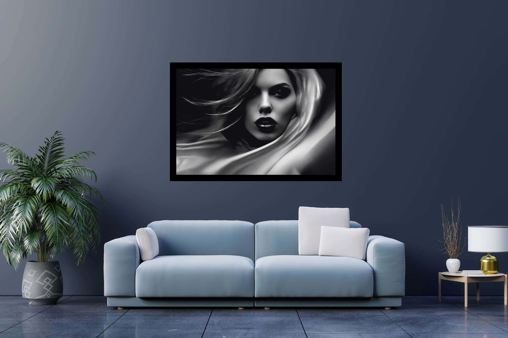 Elegance unveiled: Woman art with feminist art, in a room with minimalist approach, fine art prints, and home furnishings. The art can be printed on poster, framed poster, canvas, metal, acrylic or wood, exclusively at WallArtZen. Find this exact print at https://wallartzen.com/waz244