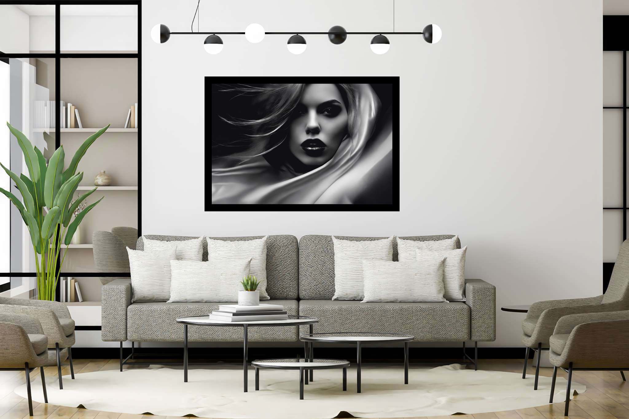 Elegance unveiled: Woman art with woman portrait, in a room with modern style, photographic wall art, and stylish accessories. The art can be printed on poster, framed poster, canvas, metal, acrylic or wood, exclusively at WallArtZen. Find this exact print at https://wallartzen.com/waz244
