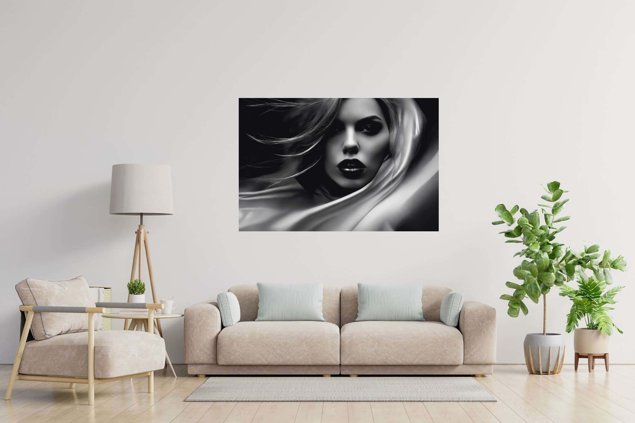Elegance unveiled: Woman art with women empowerment, in a room with contemporary flair, photographic wall art, and elegant home goods. The art can be printed on poster, framed poster, canvas, metal, acrylic or wood, exclusively at WallArtZen. Find this exact print at https://wallartzen.com/waz244