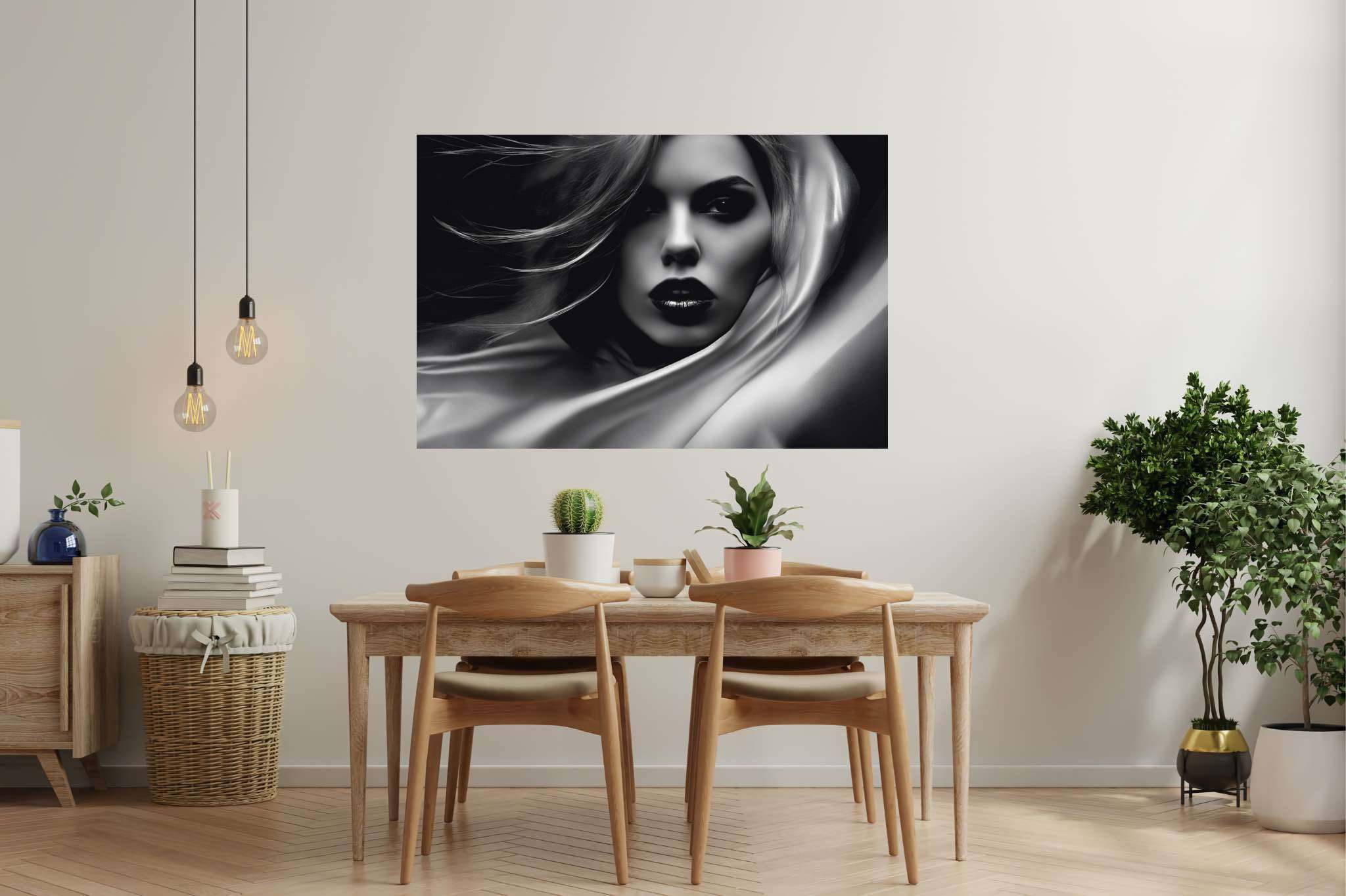 Elegance unveiled: Woman art with women's perspectives, in a room with urban design, canvas prints, and decorative pieces. The art can be printed on poster, framed poster, canvas, metal, acrylic or wood, exclusively at WallArtZen. Find this exact print at https://wallartzen.com/waz244