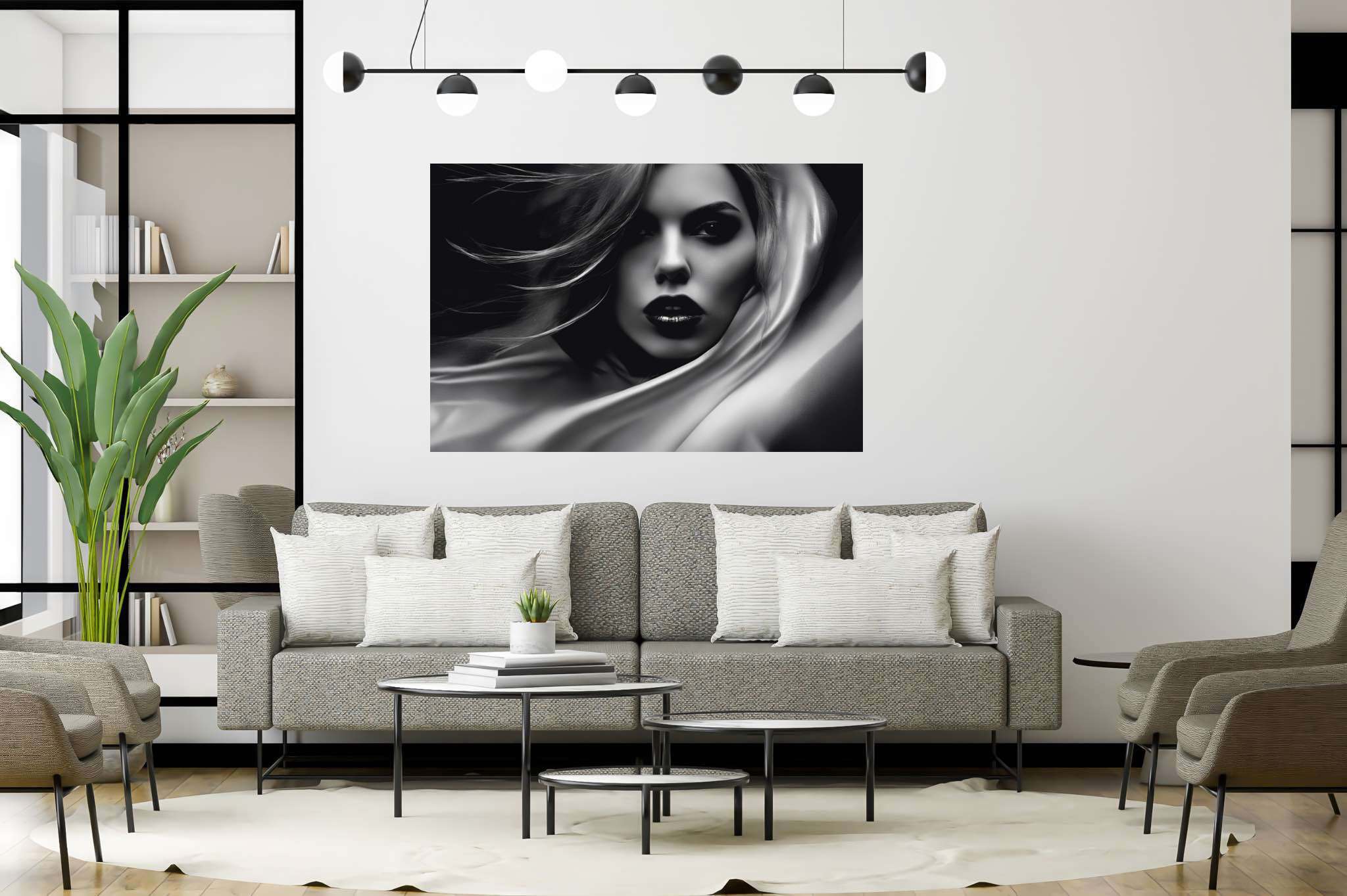 Elegance unveiled: Woman art with gender equality, in a room with urban design, wall hangings, and home furnishings. The art can be printed on poster, framed poster, canvas, metal, acrylic or wood, exclusively at WallArtZen. Find this exact print at https://wallartzen.com/waz244