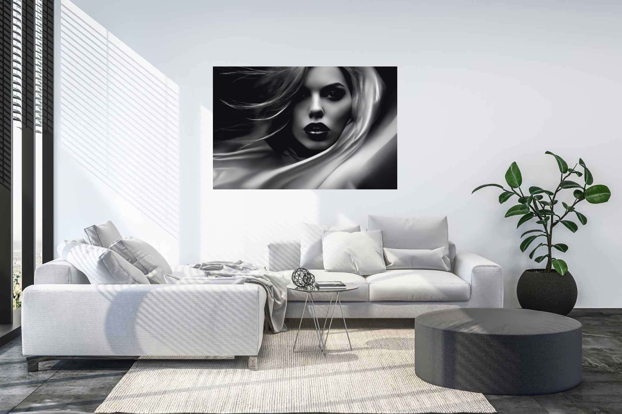 Elegance unveiled: Woman art with woman artist, in a room with modern style, abstract paintings, and interior decorations. The art can be printed on poster, framed poster, canvas, metal, acrylic or wood, exclusively at WallArtZen. Find this exact print at https://wallartzen.com/waz244