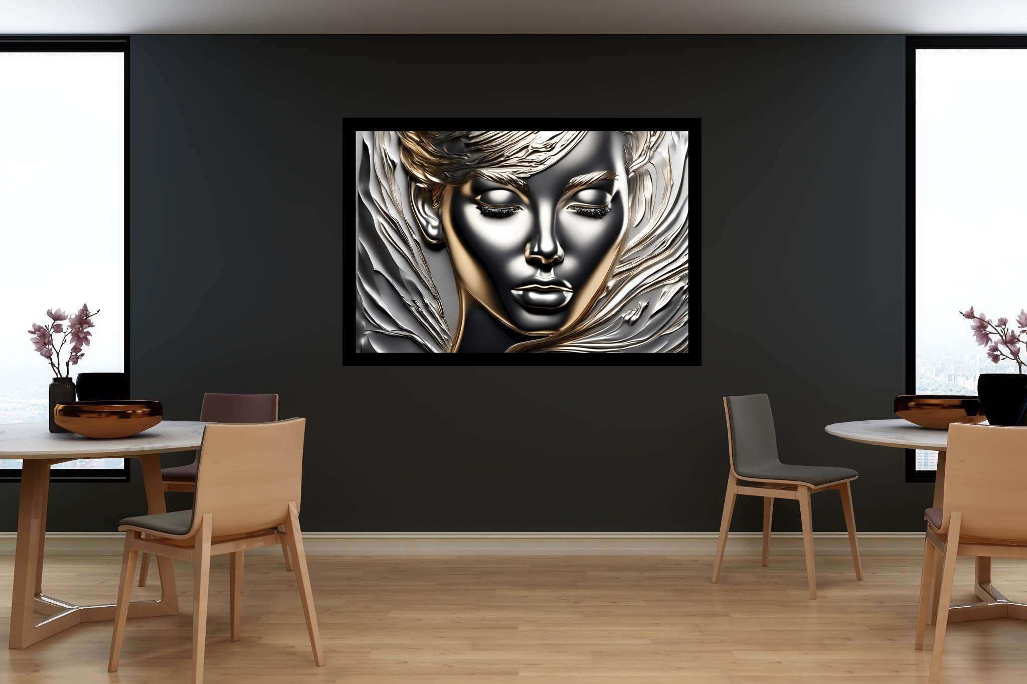Silent resonance in gold: Woman art with women's representation, in a room with urban design, abstract paintings, and home styling items. The art can be printed on poster, framed poster, canvas, metal, acrylic or wood, exclusively at WallArtZen. Find this exact print at https://wallartzen.com/waz245