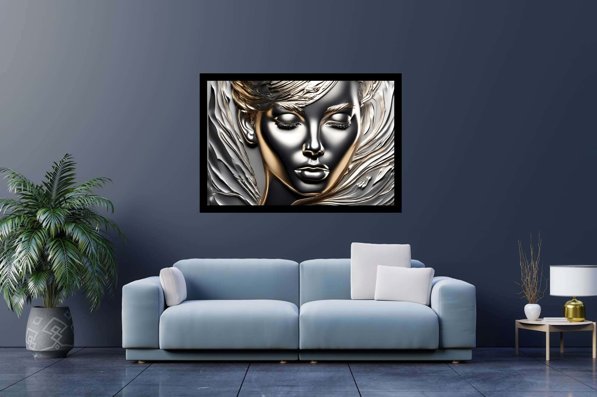Silent resonance in gold: Woman art with female empowerment, in a room with contemporary flair, photographic wall art, and interior decorations. The art can be printed on poster, framed poster, canvas, metal, acrylic or wood, exclusively at WallArtZen. Find this exact print at https://wallartzen.com/waz245