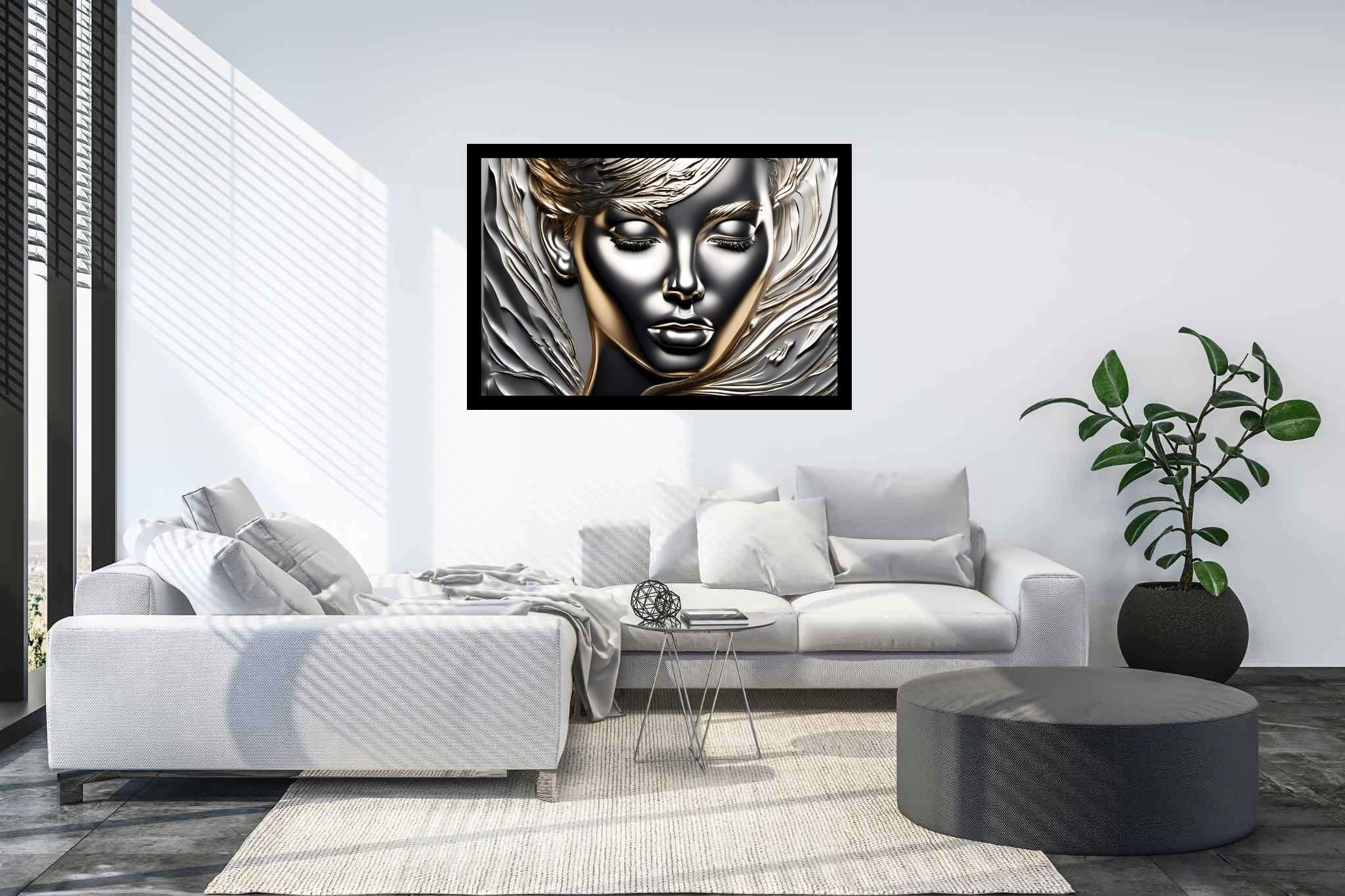 Silent resonance in gold: Woman art with female artwork, in a room with chic decor, gallery-quality artwork, and luxe decor. The art can be printed on poster, framed poster, canvas, metal, acrylic or wood, exclusively at WallArtZen. Find this exact print at https://wallartzen.com/waz245