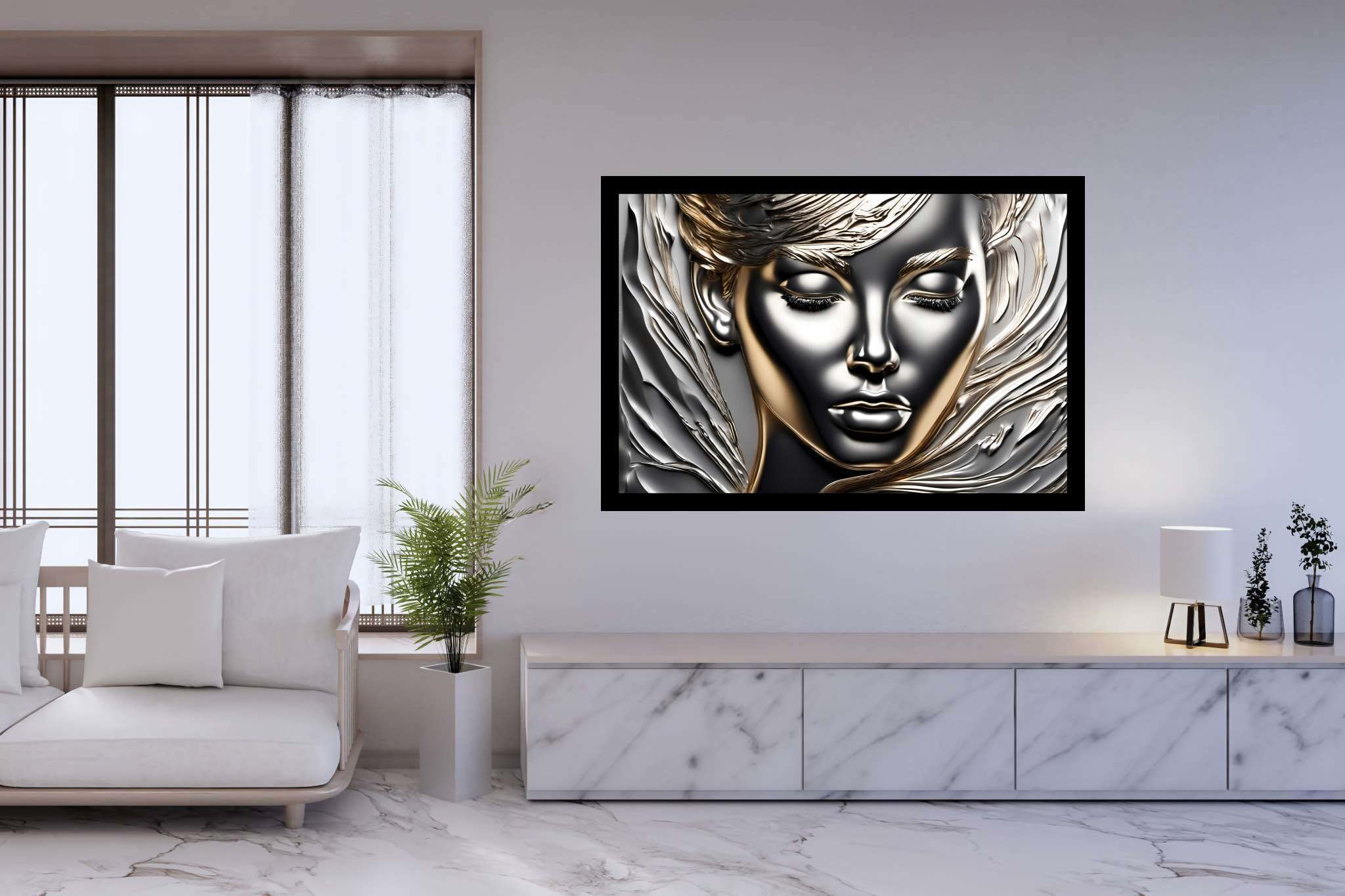 Silent resonance in gold: Woman art with womanhood in art, in a room with contemporary flair, wall art, and home styling items. The art can be printed on poster, framed poster, canvas, metal, acrylic or wood, exclusively at WallArtZen. Find this exact print at https://wallartzen.com/waz245