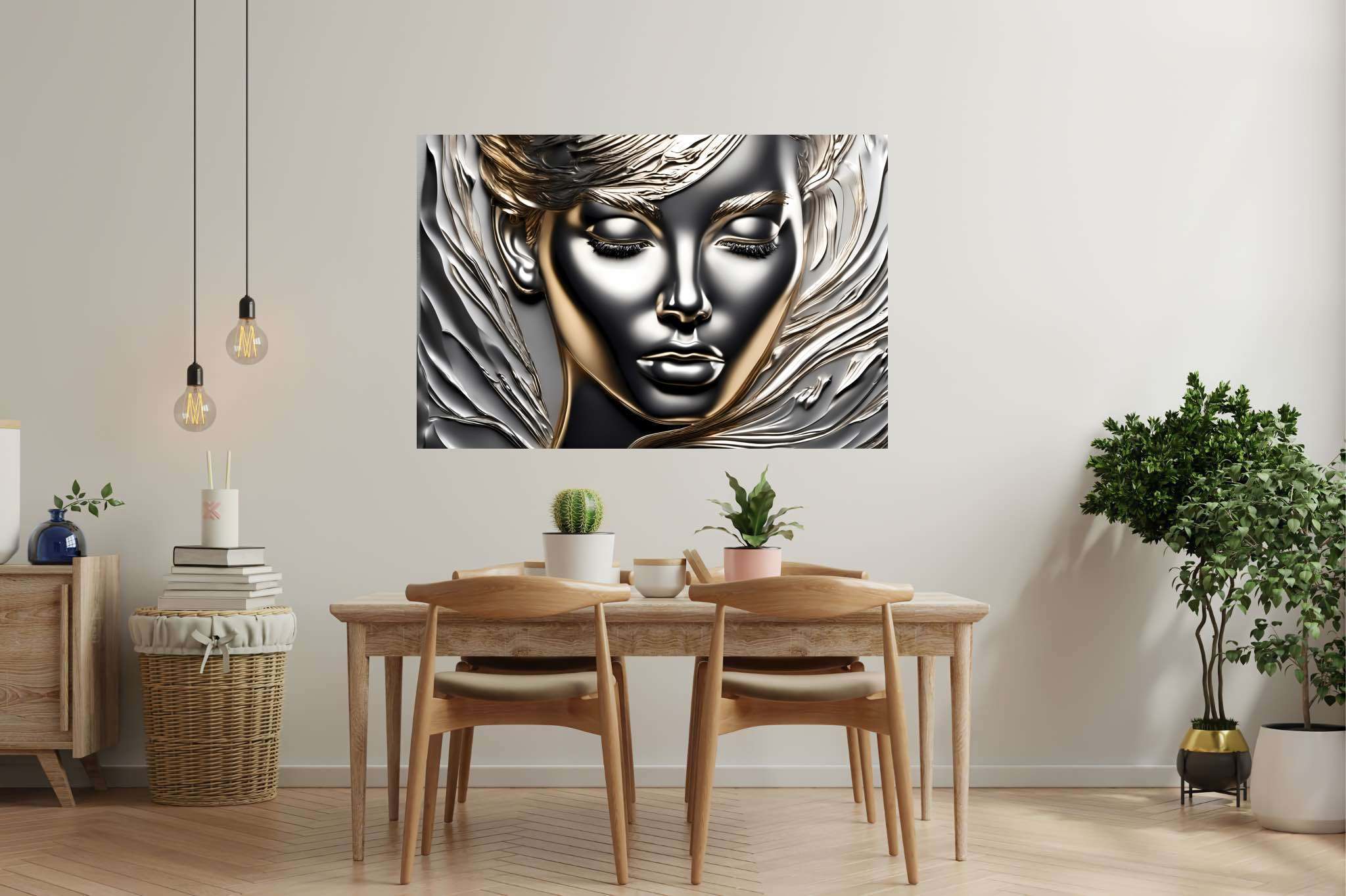 Silent resonance in gold: Woman art with women's voices, in a room with artistic style, wall art, and elegant home goods. The art can be printed on poster, framed poster, canvas, metal, acrylic or wood, exclusively at WallArtZen. Find this exact print at https://wallartzen.com/waz245