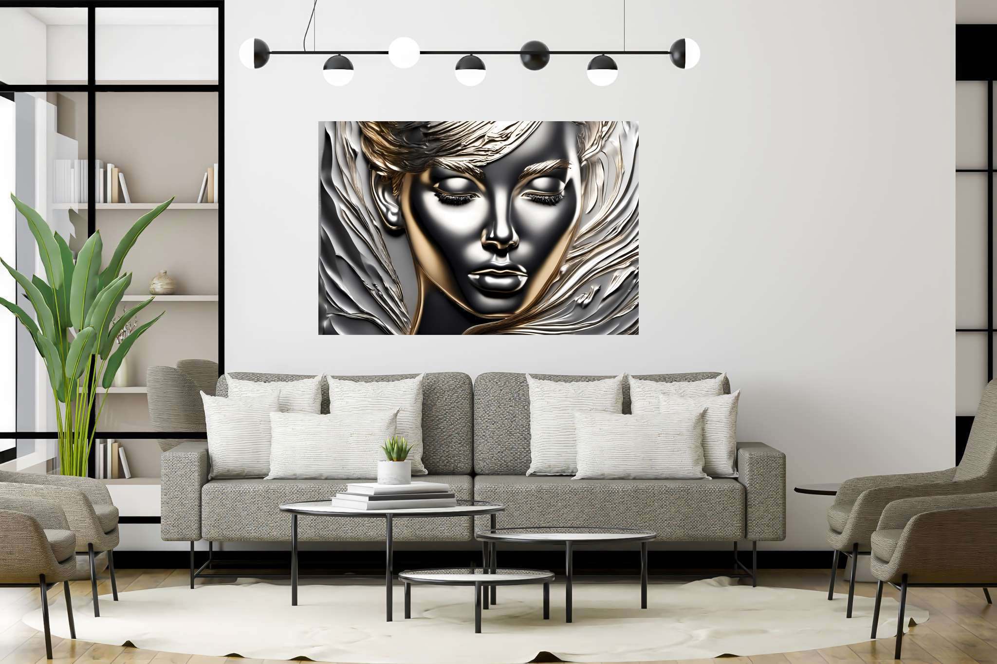 Silent resonance in gold: Woman art with womanhood in art, in a room with urban design, wall art, and artisan decor. The art can be printed on poster, framed poster, canvas, metal, acrylic or wood, exclusively at WallArtZen. Find this exact print at https://wallartzen.com/waz245