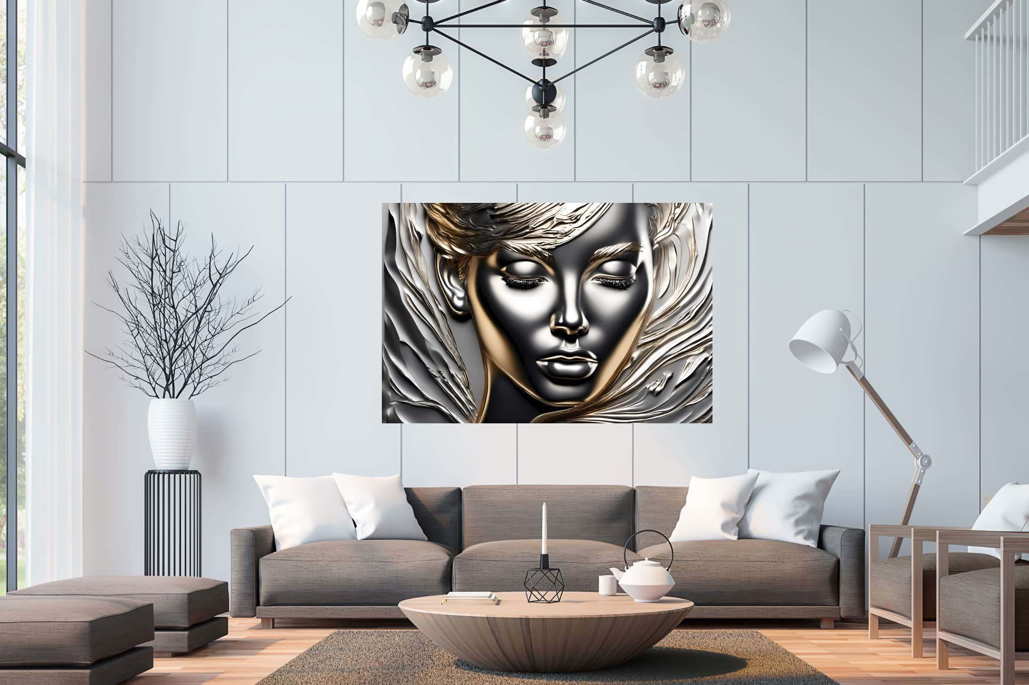 Silent resonance in gold: Woman art with women in art, in a room with modern style, photographic wall art, and home furnishings. The art can be printed on poster, framed poster, canvas, metal, acrylic or wood, exclusively at WallArtZen. Find this exact print at https://wallartzen.com/waz245