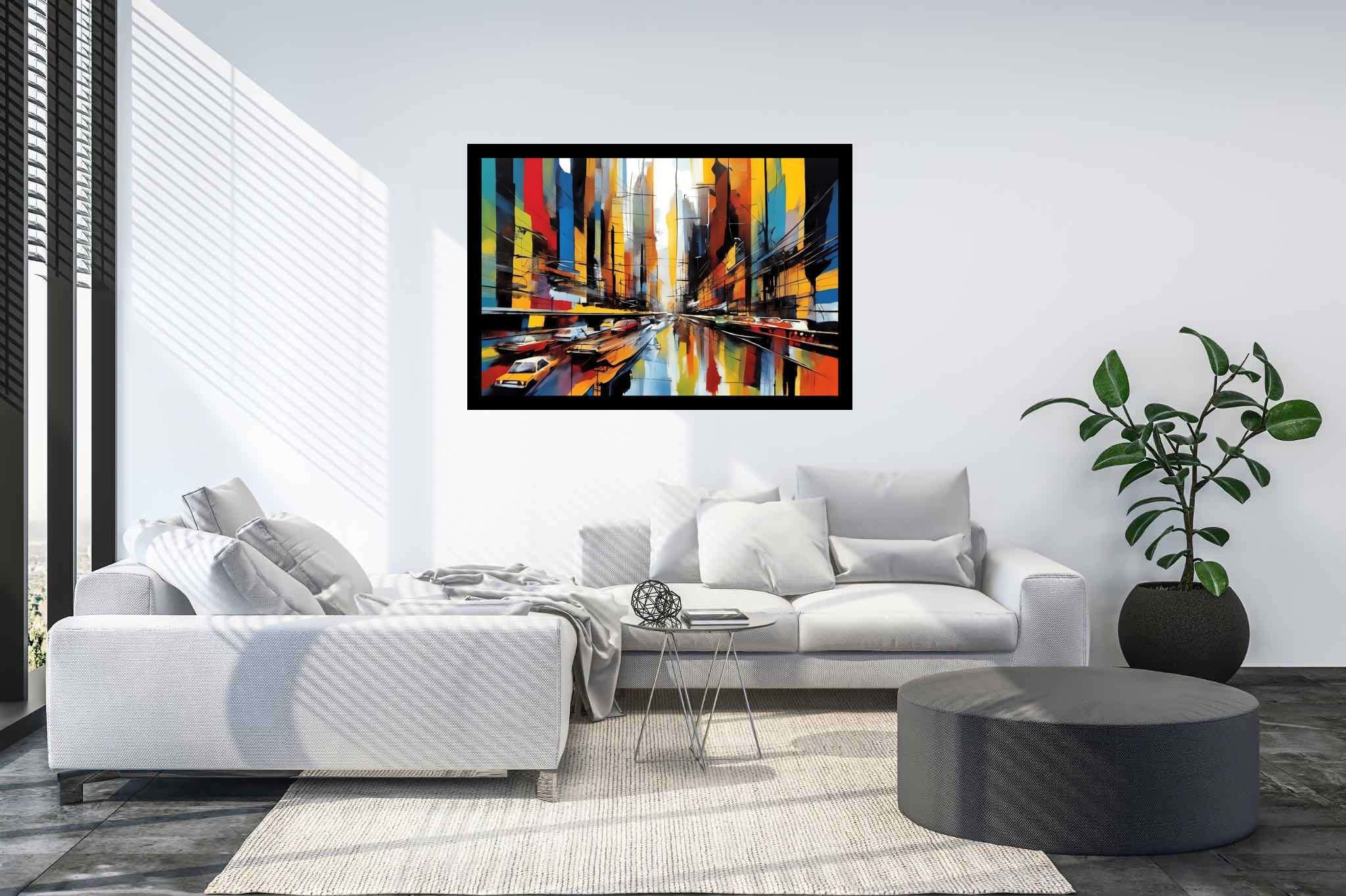 Urban dreamscape mirage: Surreal cityscape art with dreamlike urban landscapes, in a room with classic elegance, abstract paintings, and stylish accessories. The art can be printed on poster, framed poster, canvas, metal, acrylic or wood, exclusively at WallArtZen. Find this exact print at https://wallartzen.com/waz246
