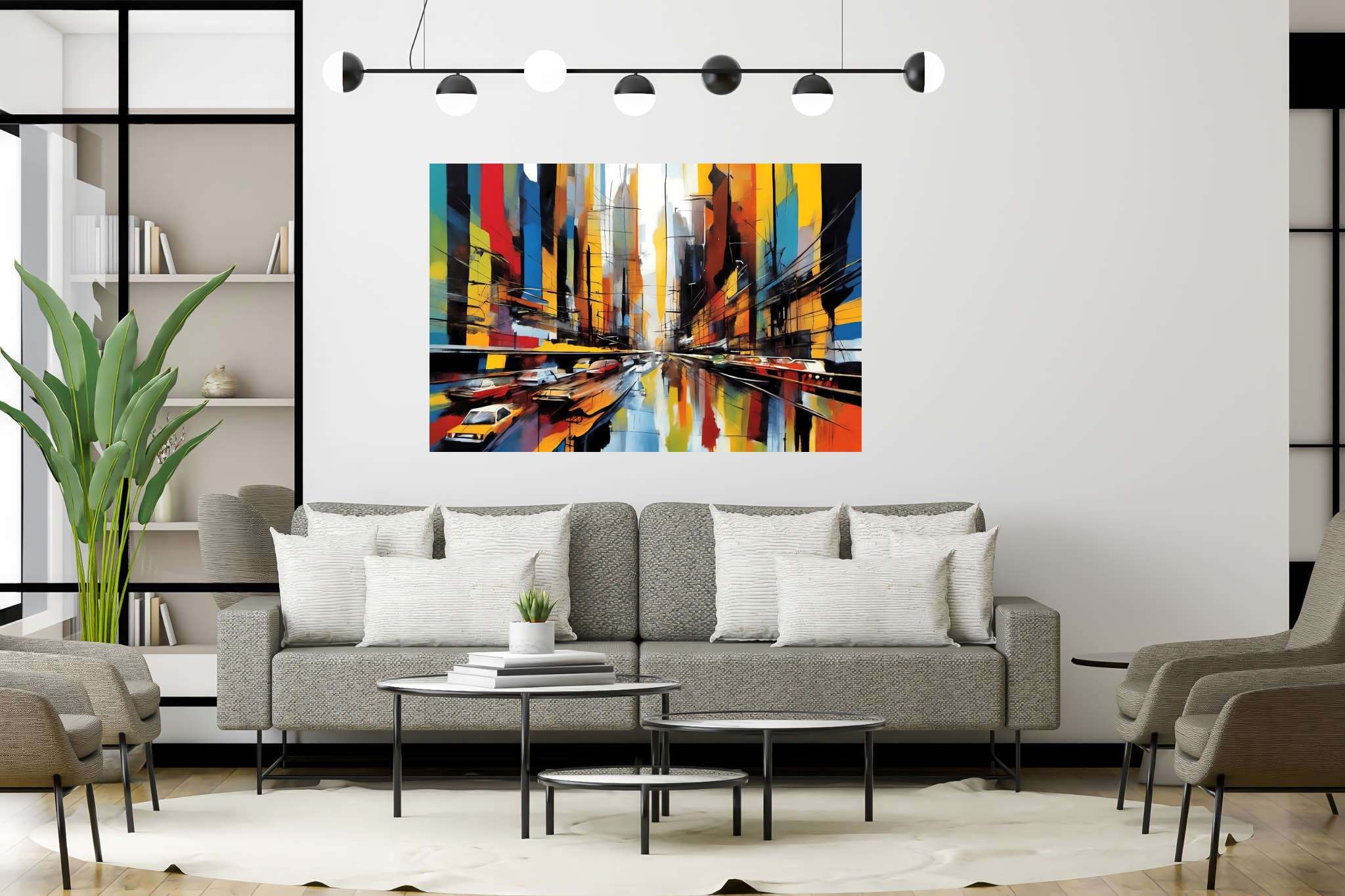 Urban dreamscape mirage: Surreal cityscape art with otherworldly urban art, in a room with contemporary flair, bespoke art designs, and designer furniture. The art can be printed on poster, framed poster, canvas, metal, acrylic or wood, exclusively at WallArtZen. Find this exact print at https://wallartzen.com/waz246