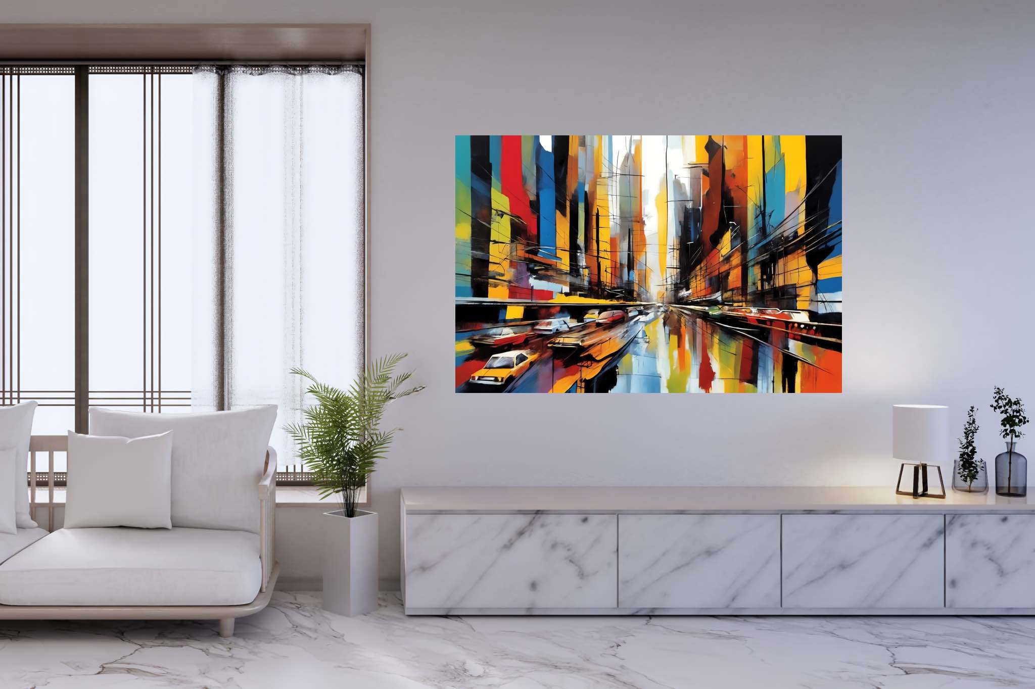 Urban dreamscape mirage: Surreal cityscape art with urban dreamscape, in a room with contemporary flair, bespoke art designs, and elegant home goods. The art can be printed on poster, framed poster, canvas, metal, acrylic or wood, exclusively at WallArtZen. Find this exact print at https://wallartzen.com/waz246