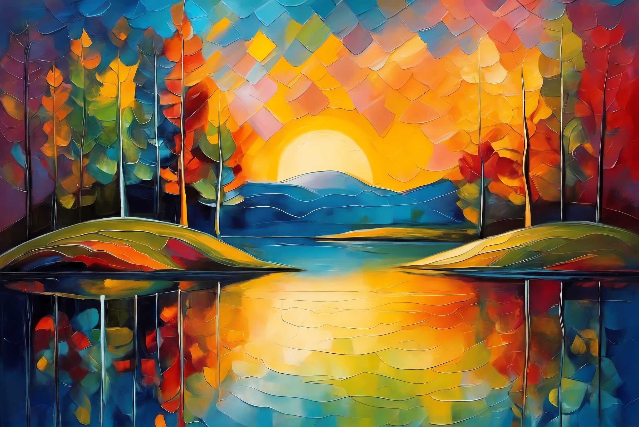 Sunset's gentle embrace: Tranquil landscape art with serene nature scenery, in a room with great design, framed art, and trendy home accents. The art can be printed on poster, framed poster, canvas, metal, acrylic or wood, exclusively at WallArtZen. Find this exact print at https://wallartzen.com/waz247
