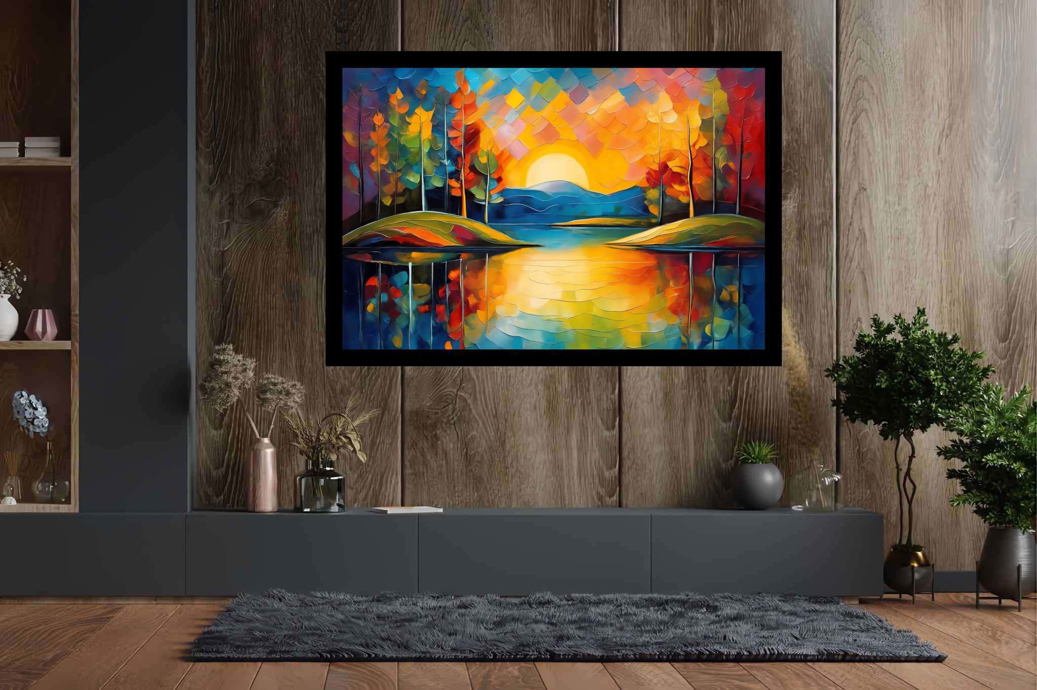 Sunset's gentle embrace: Tranquil landscape art with tranquil landscape oil paintings, in a room with classic elegance, digital art pieces, and artisan decor. The art can be printed on poster, framed poster, canvas, metal, acrylic or wood, exclusively at WallArtZen. Find this exact print at https://wallartzen.com/waz247