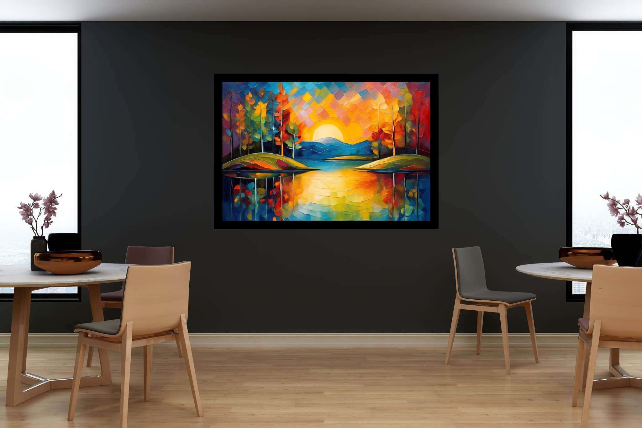 Sunset's gentle embrace: Tranquil landscape art with serene nature paintings, in a room with modern style, canvas prints, and home furnishings. The art can be printed on poster, framed poster, canvas, metal, acrylic or wood, exclusively at WallArtZen. Find this exact print at https://wallartzen.com/waz247