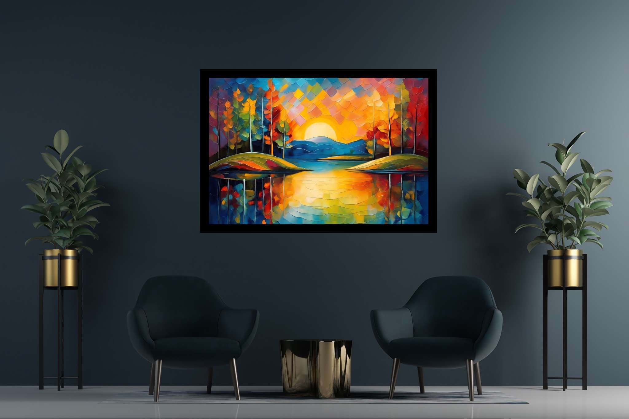 Sunset's gentle embrace: Tranquil landscape art with serene nature scenery, in a room with artistic style, framed art, and stylish accessories. The art can be printed on poster, framed poster, canvas, metal, acrylic or wood, exclusively at WallArtZen. Find this exact print at https://wallartzen.com/waz247