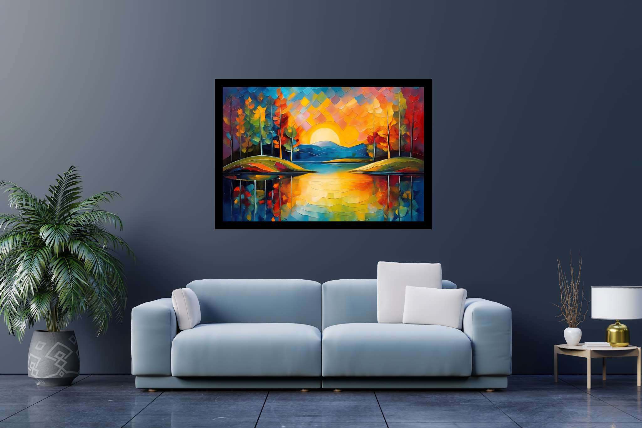 Sunset's gentle embrace: Tranquil landscape art with peaceful landscape vistas, in a room with artistic style, wall art, and home furnishings. The art can be printed on poster, framed poster, canvas, metal, acrylic or wood, exclusively at WallArtZen. Find this exact print at https://wallartzen.com/waz247