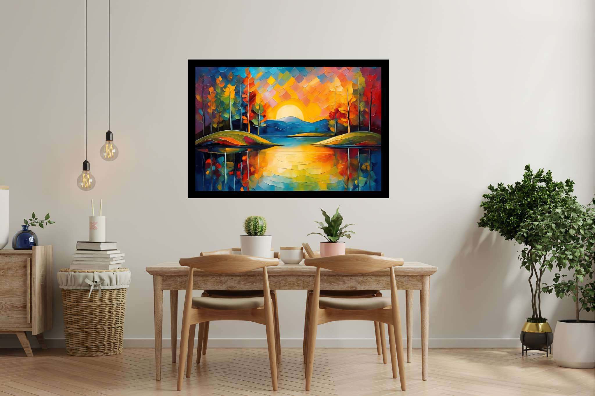 Sunset's gentle embrace: Tranquil landscape art with peaceful landscape vistas, in a room with innovative layout, photographic wall art, and luxe decor. The art can be printed on poster, framed poster, canvas, metal, acrylic or wood, exclusively at WallArtZen. Find this exact print at https://wallartzen.com/waz247